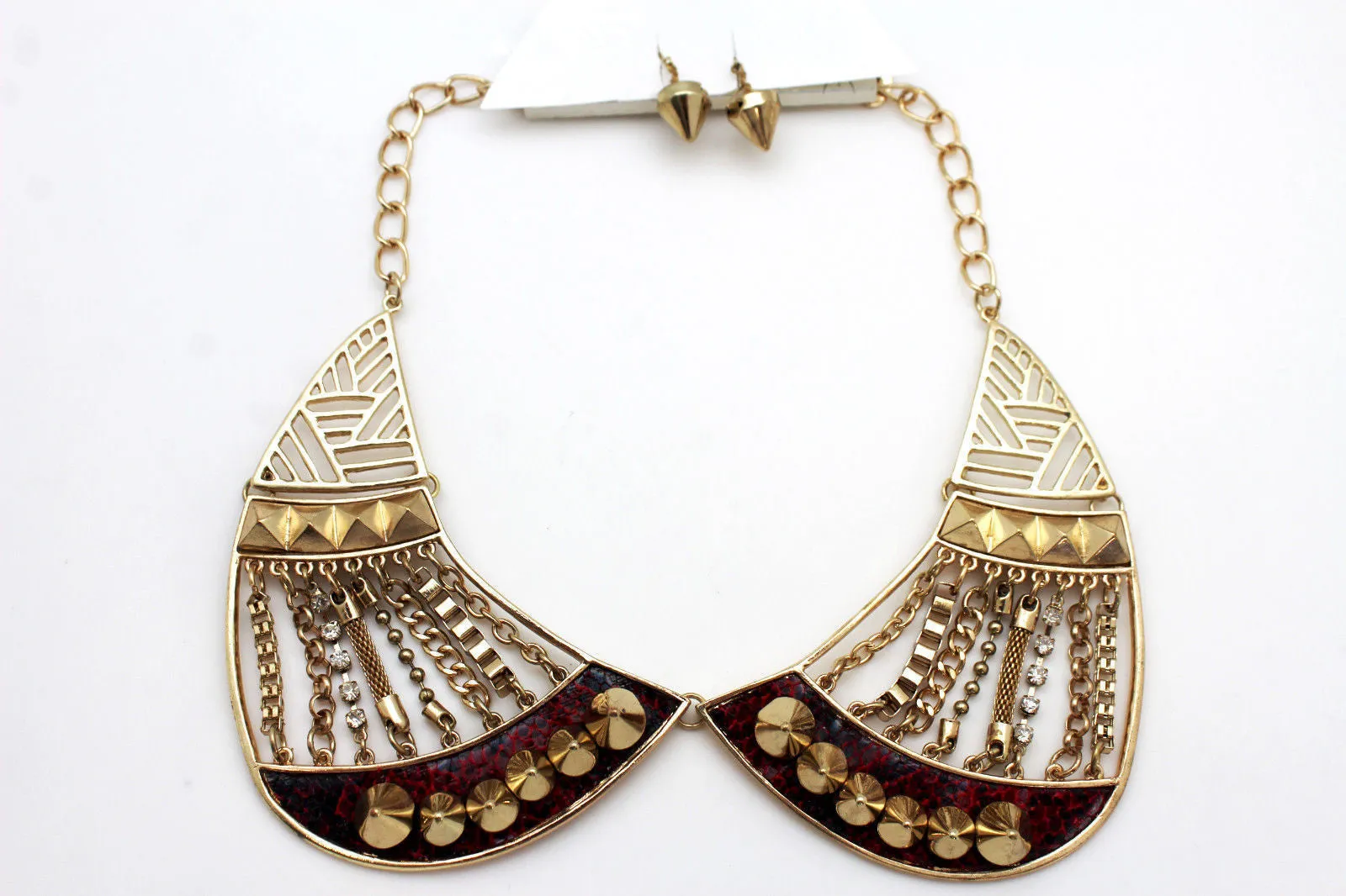 Bronze Or Gold Short Big Metal Chains Collar Spikes Necklace Earrings Set