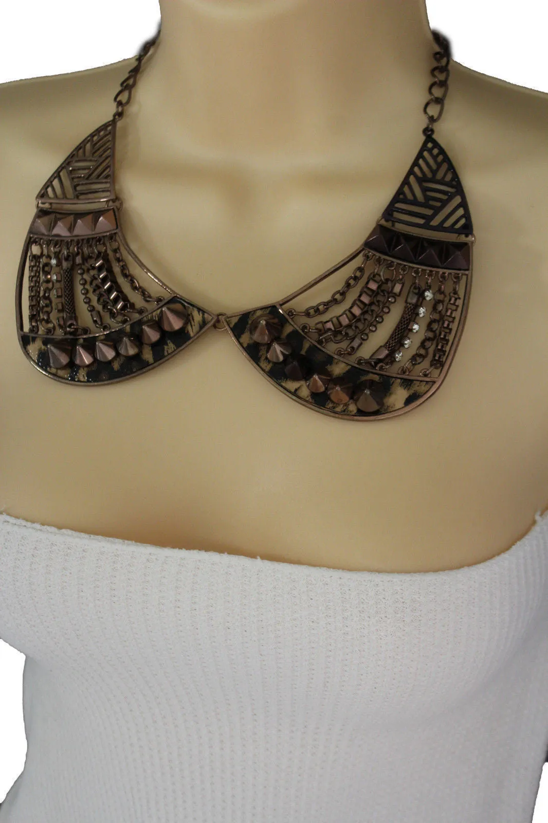 Bronze Or Gold Short Big Metal Chains Collar Spikes Necklace Earrings Set