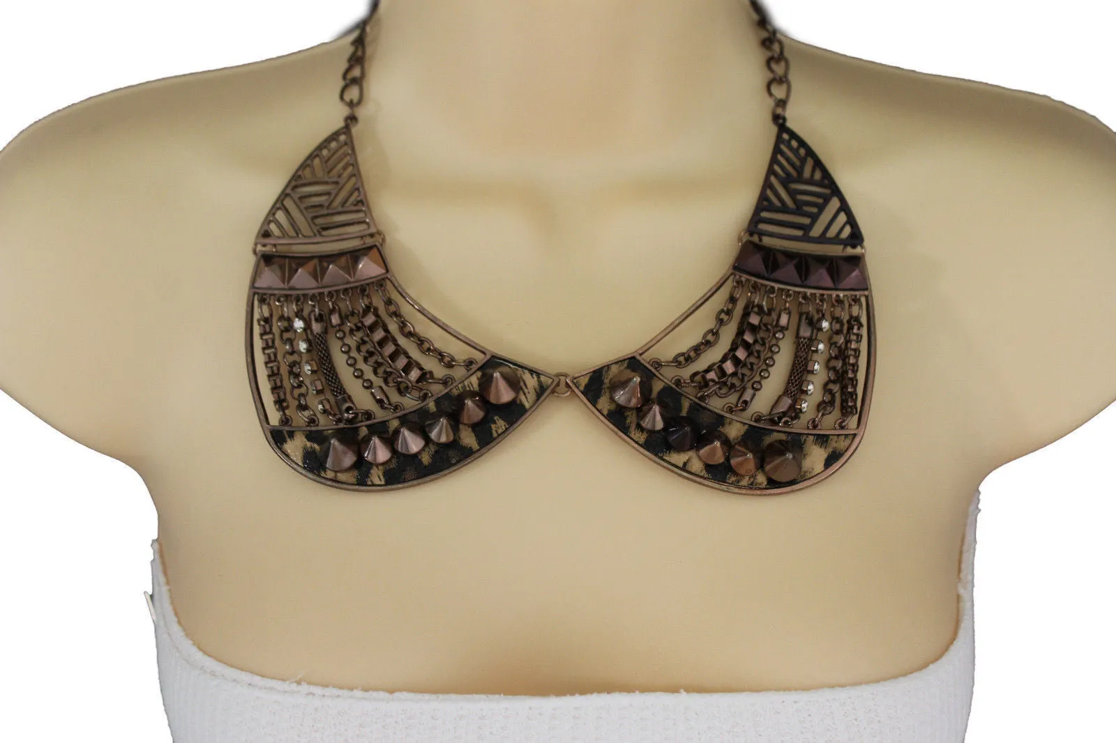 Bronze Or Gold Short Big Metal Chains Collar Spikes Necklace Earrings Set