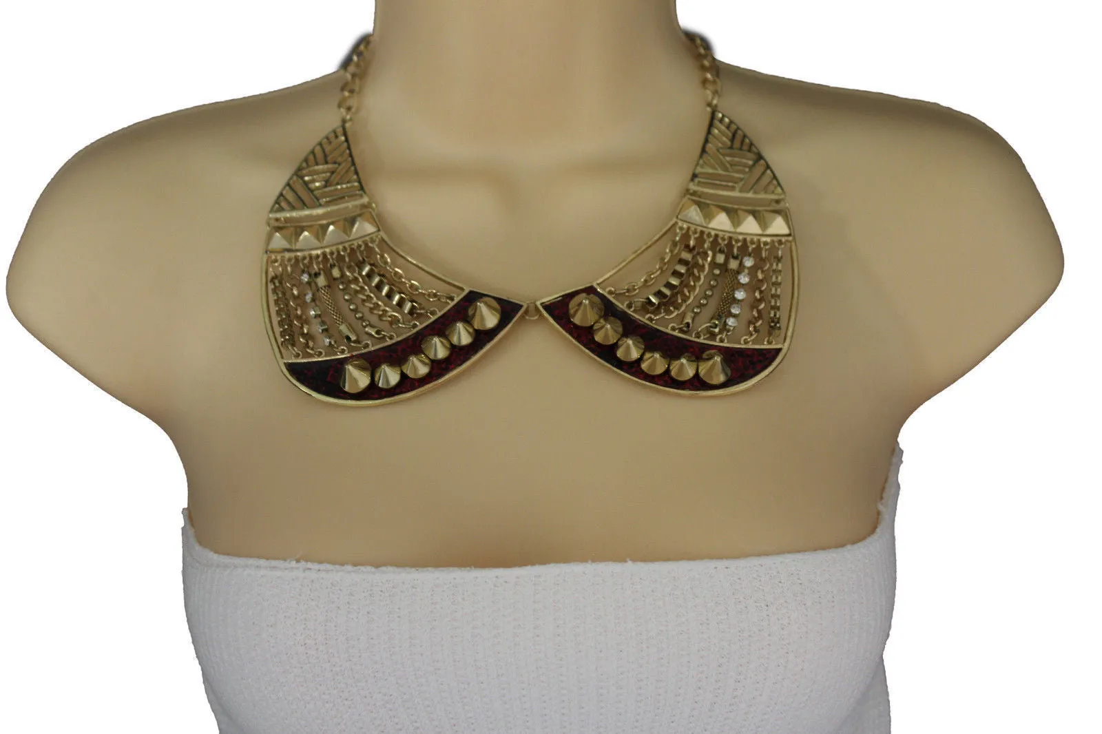 Bronze Or Gold Short Big Metal Chains Collar Spikes Necklace Earrings Set