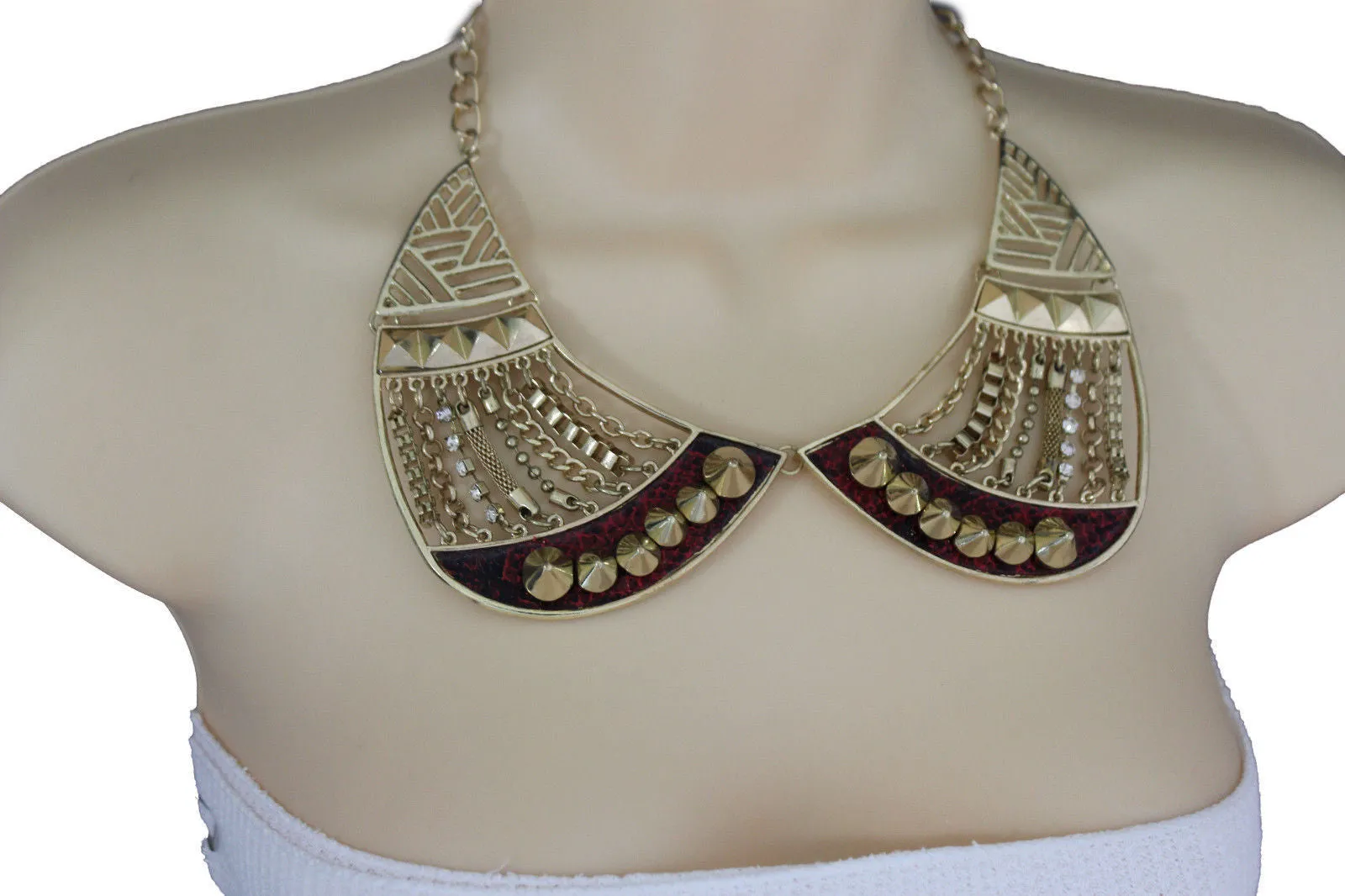 Bronze Or Gold Short Big Metal Chains Collar Spikes Necklace Earrings Set