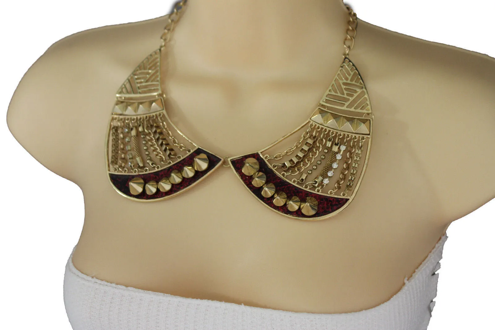 Bronze Or Gold Short Big Metal Chains Collar Spikes Necklace Earrings Set