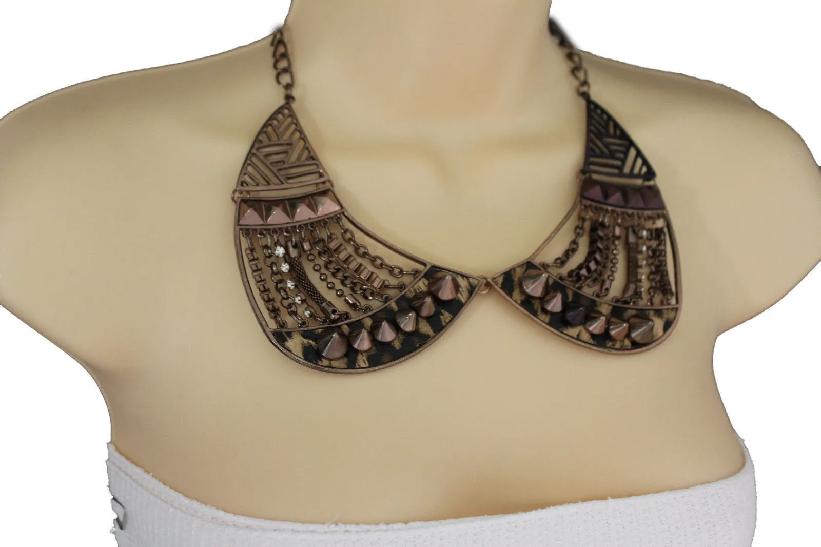 Bronze Or Gold Short Big Metal Chains Collar Spikes Necklace Earrings Set