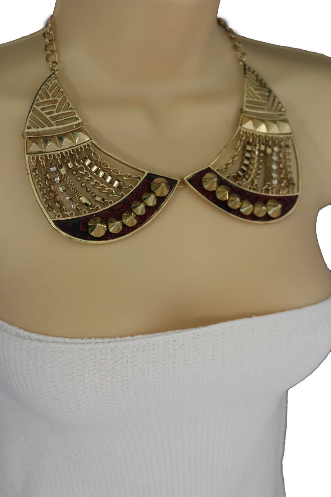 Bronze Or Gold Short Big Metal Chains Collar Spikes Necklace Earrings Set