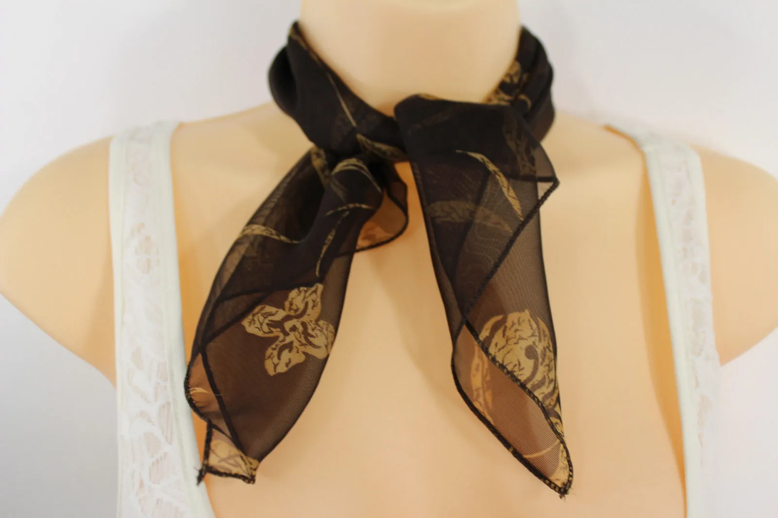 Brown Dark Brown Green Mini Fabric Neck Scarf Tie Necklace Pocket Square Flowers