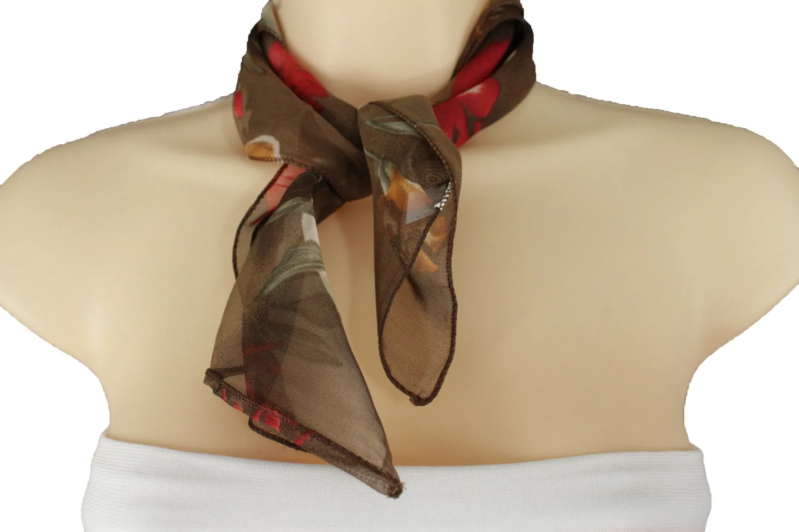 Brown Dark Brown Green Mini Fabric Neck Scarf Tie Necklace Pocket Square Flowers