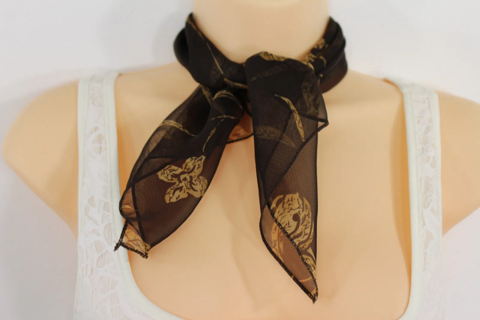 Brown Dark Brown Green Mini Fabric Neck Scarf Tie Necklace Pocket Square Flowers