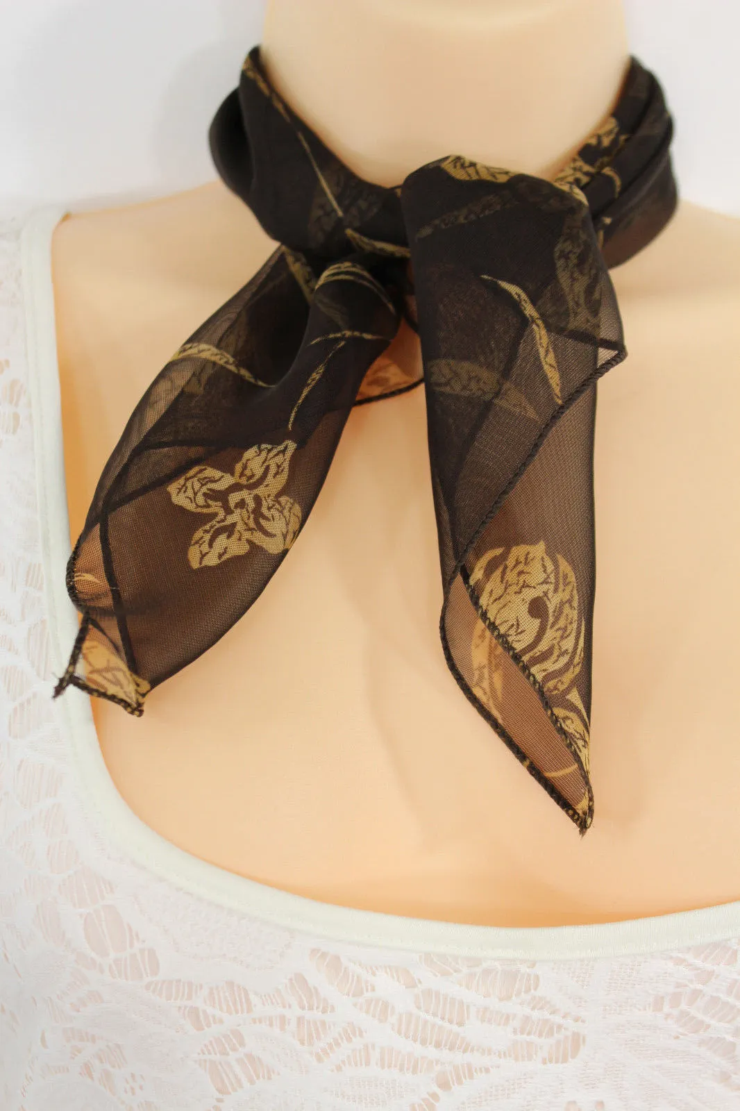 Brown Dark Brown Green Mini Fabric Neck Scarf Tie Necklace Pocket Square Flowers