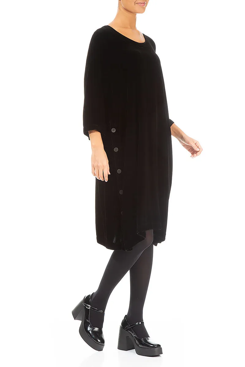 Buttoned Sides Black Silk Velvet Tunic Dress