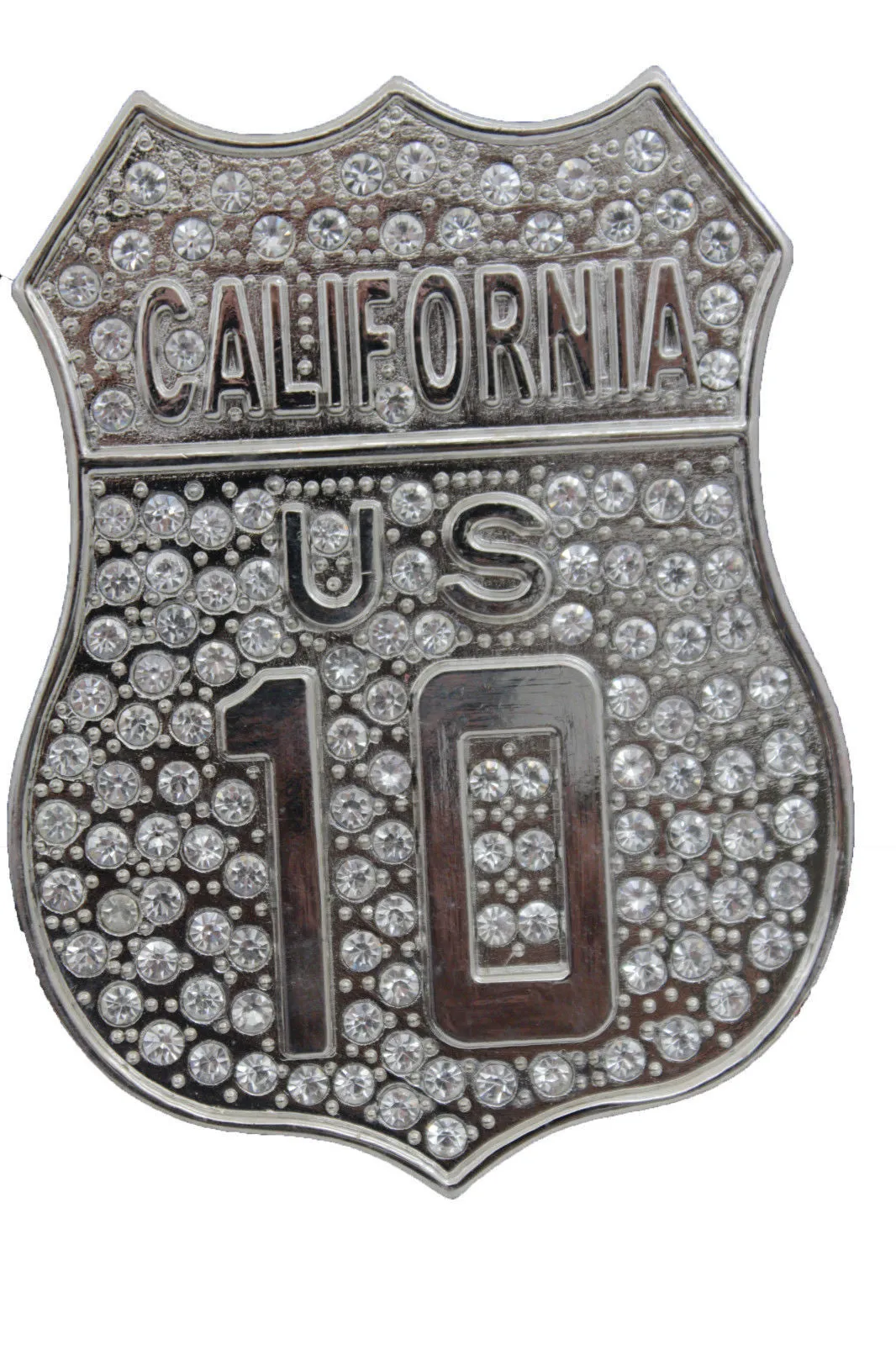 California Interstate I-10 Rhinestone Bling Silver Belt Buckle