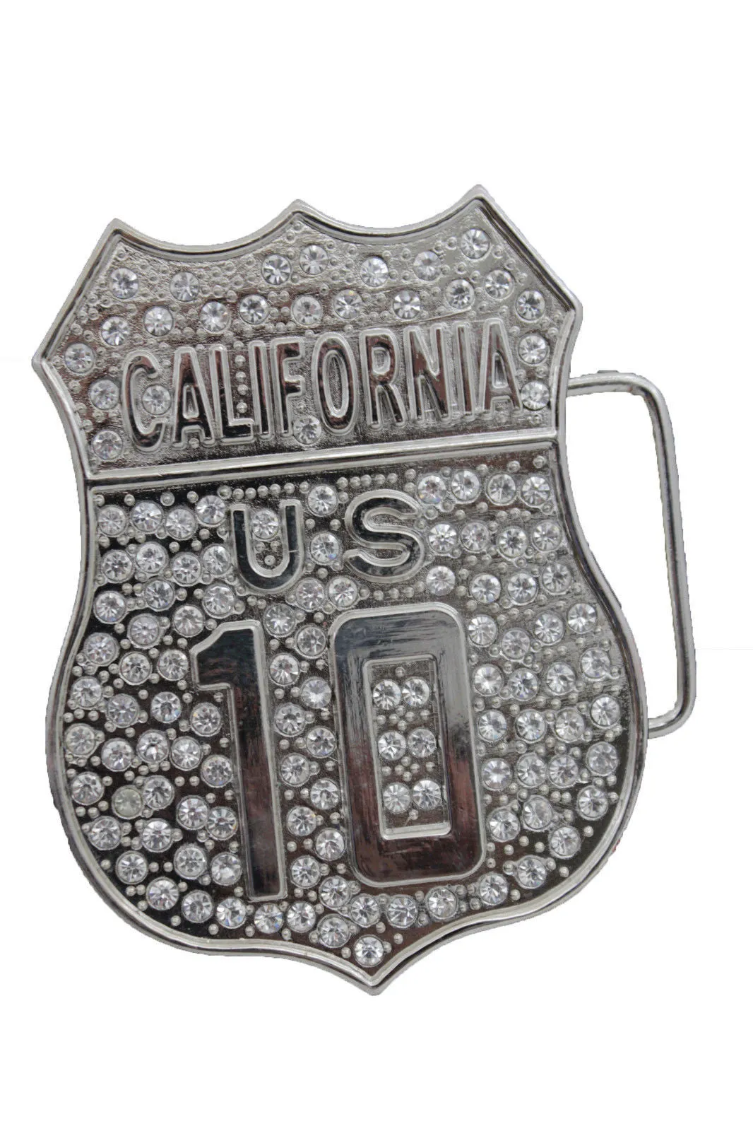 California Interstate I-10 Rhinestone Bling Silver Belt Buckle