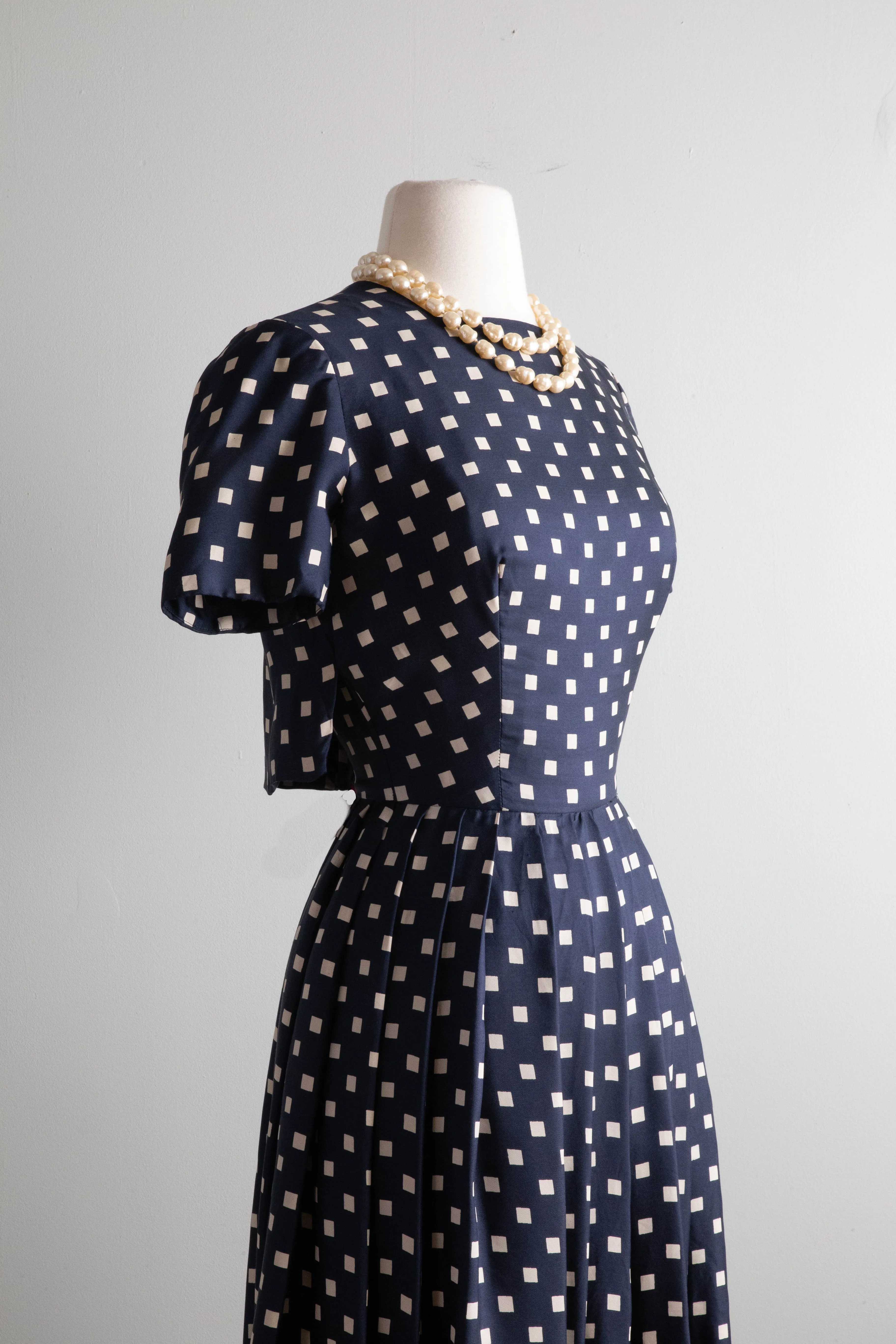 Classic 1950's Navy Polka Dot Silk Dress With Couture Details / XS