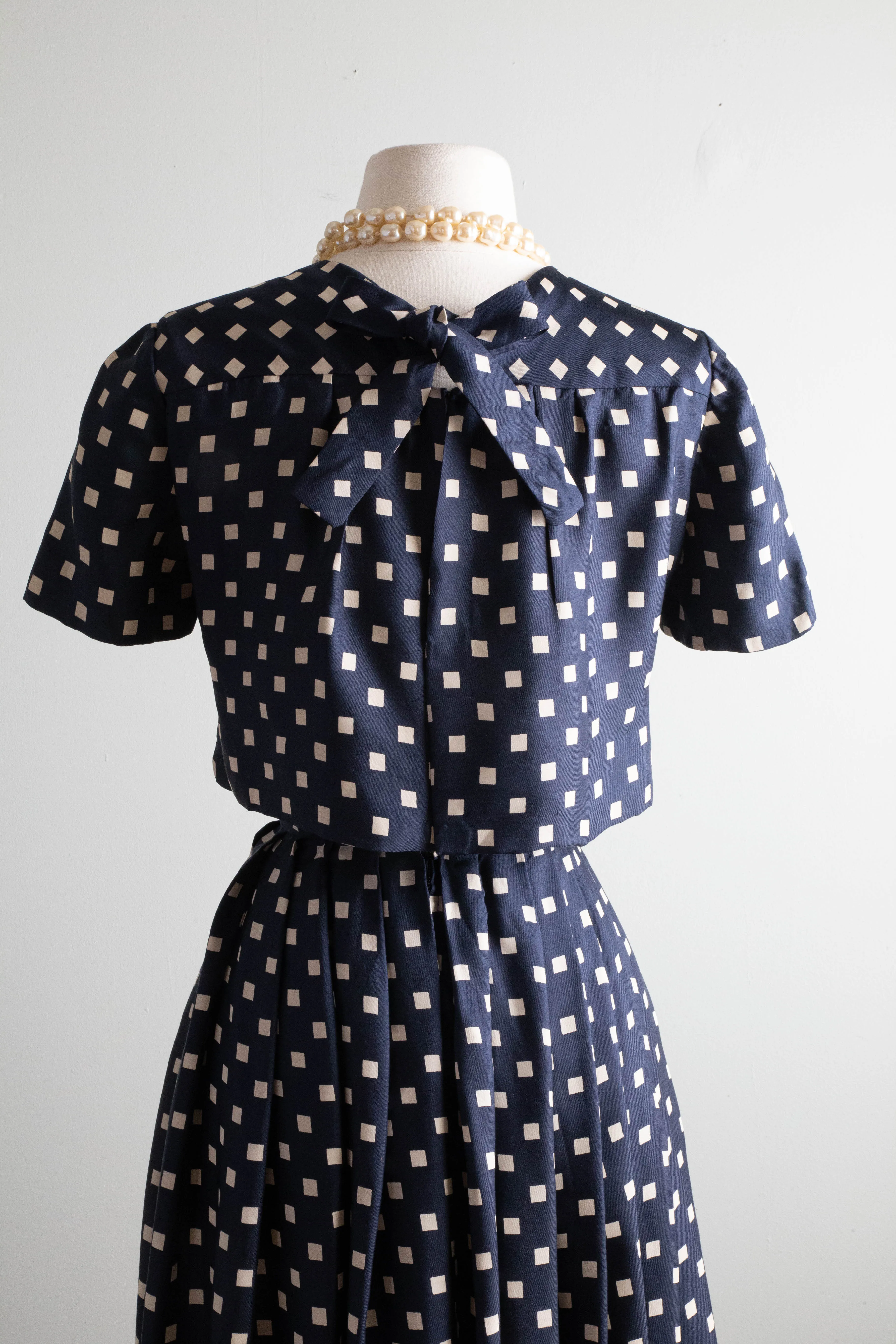 Classic 1950's Navy Polka Dot Silk Dress With Couture Details / XS