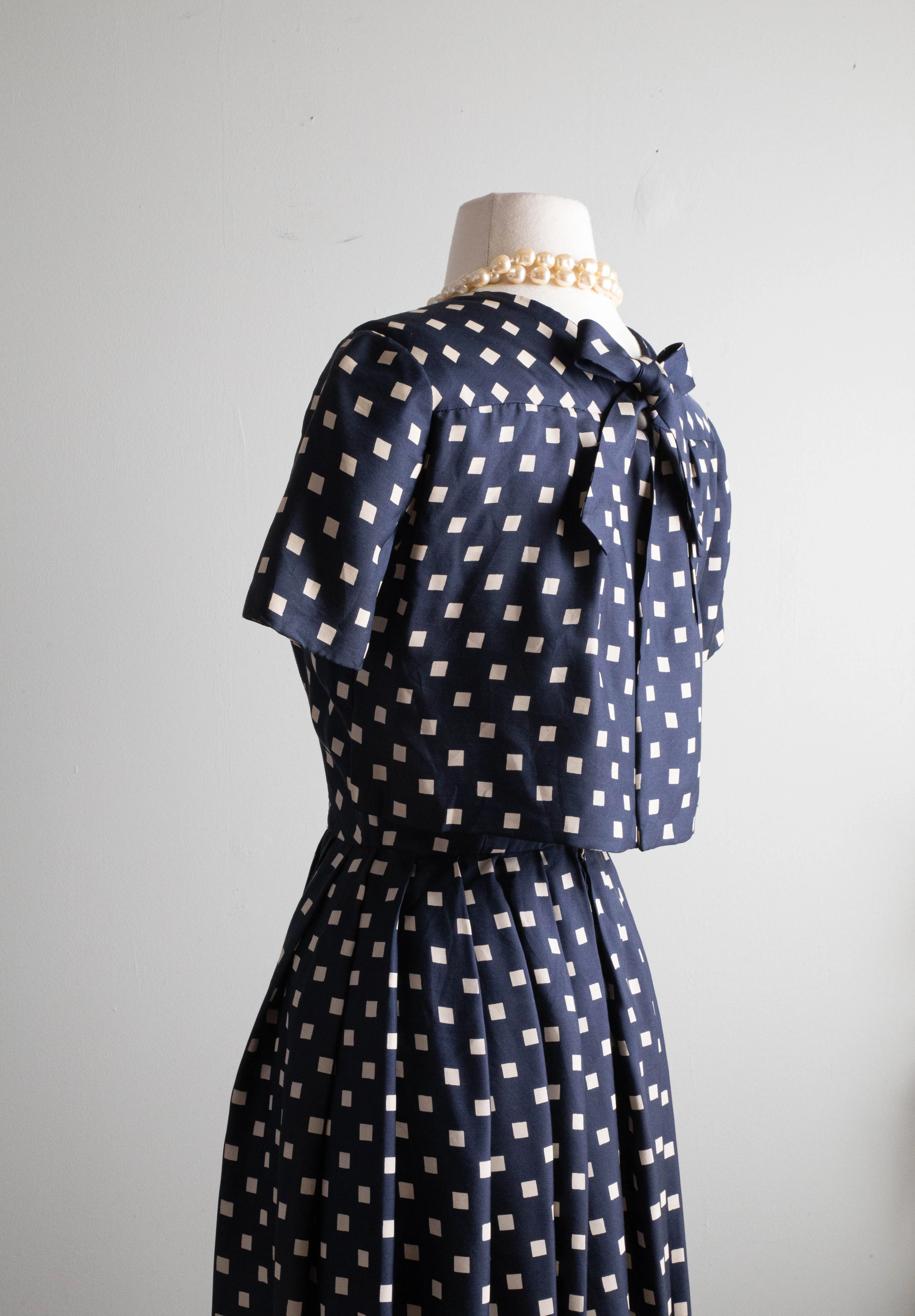 Classic 1950's Navy Polka Dot Silk Dress With Couture Details / XS