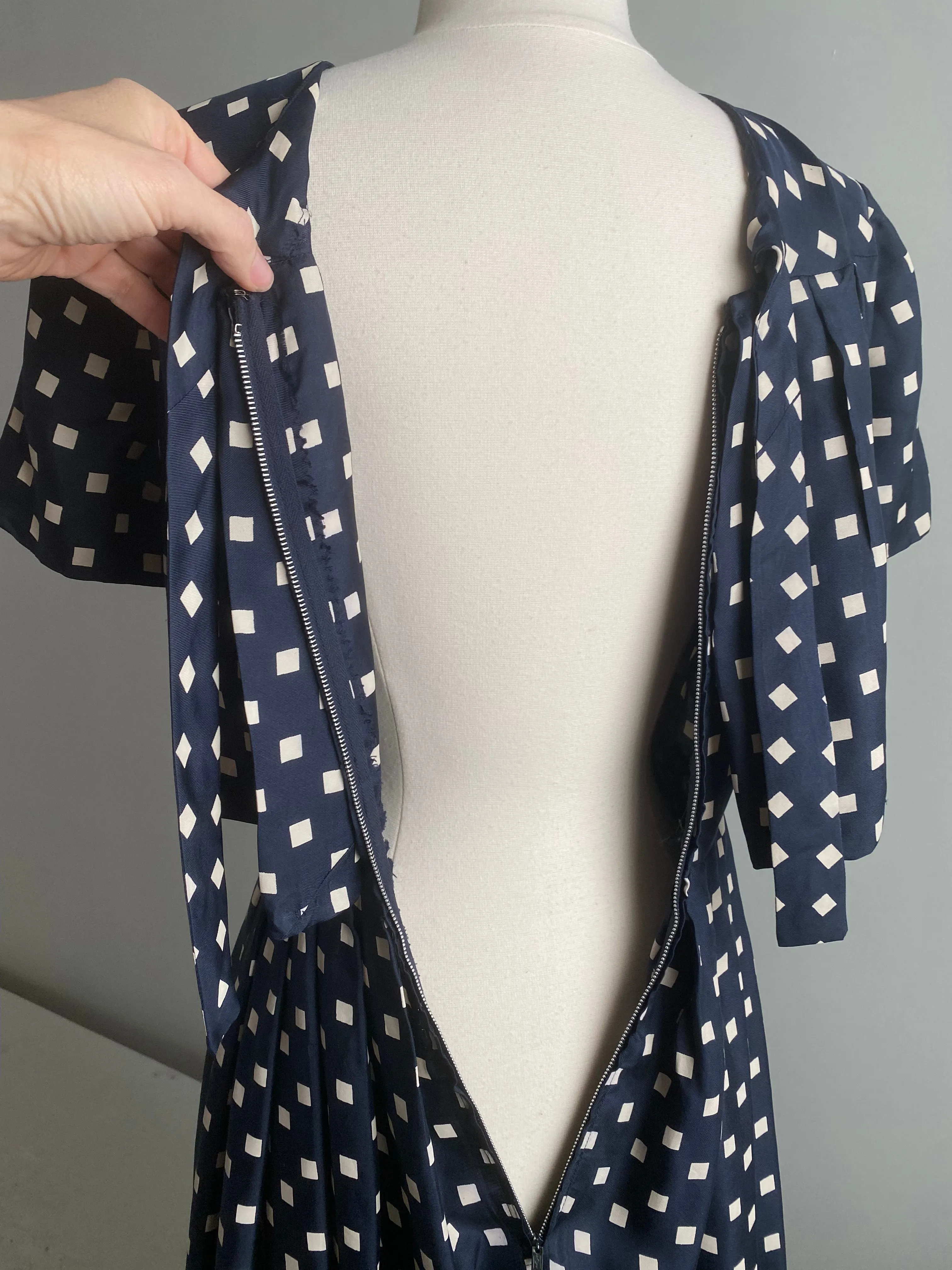 Classic 1950's Navy Polka Dot Silk Dress With Couture Details / XS