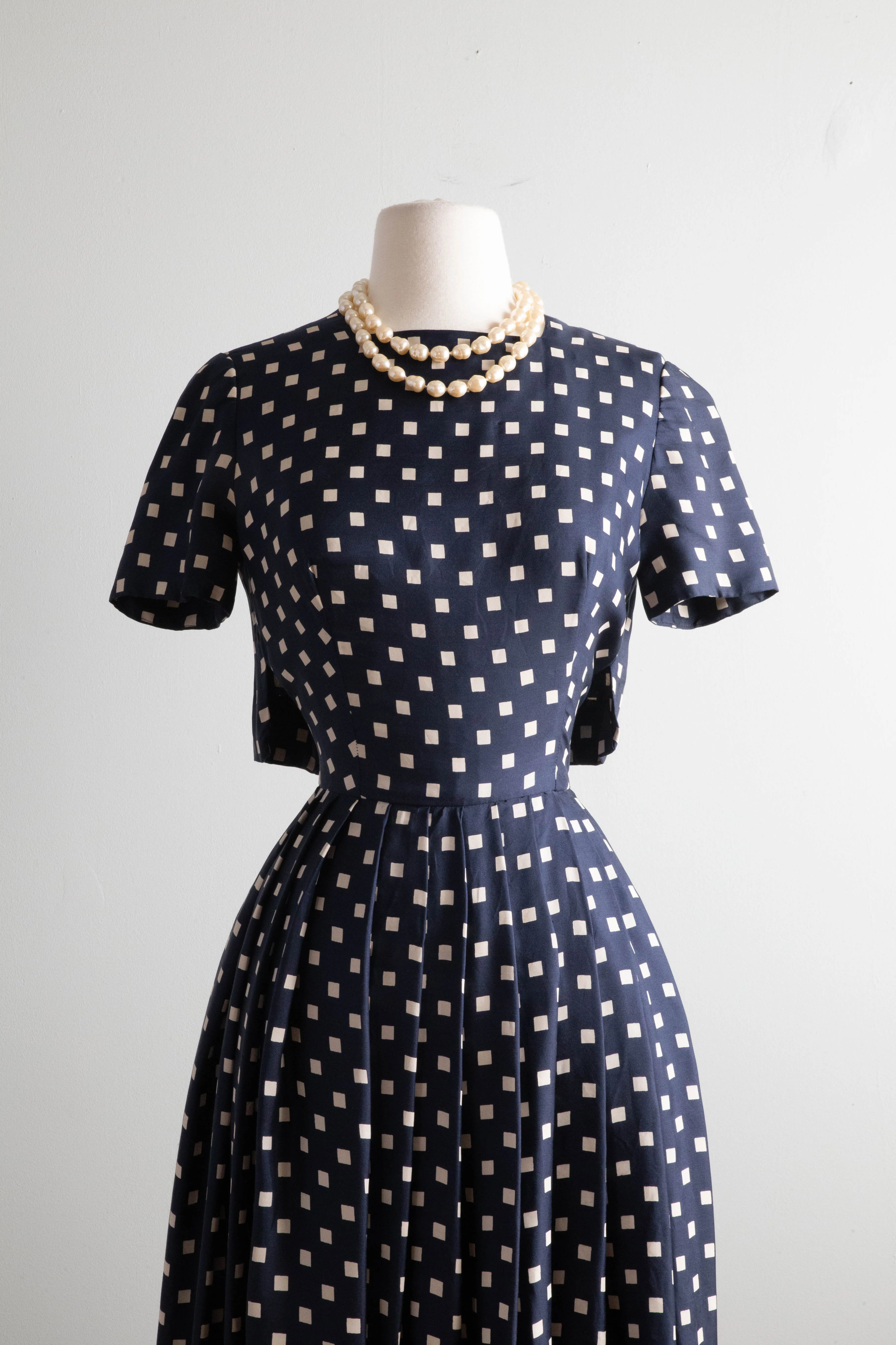 Classic 1950's Navy Polka Dot Silk Dress With Couture Details / XS