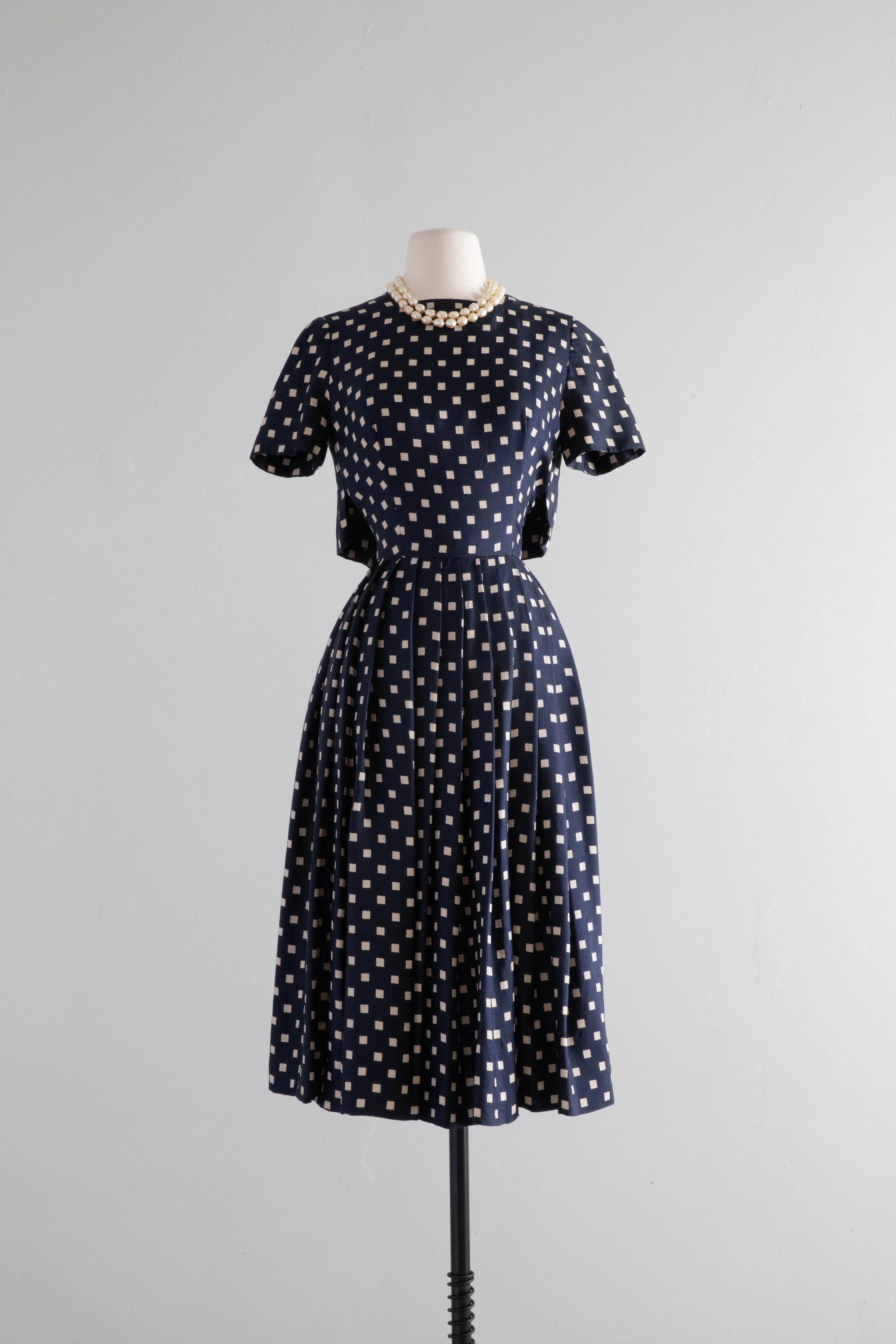 Classic 1950's Navy Polka Dot Silk Dress With Couture Details / XS