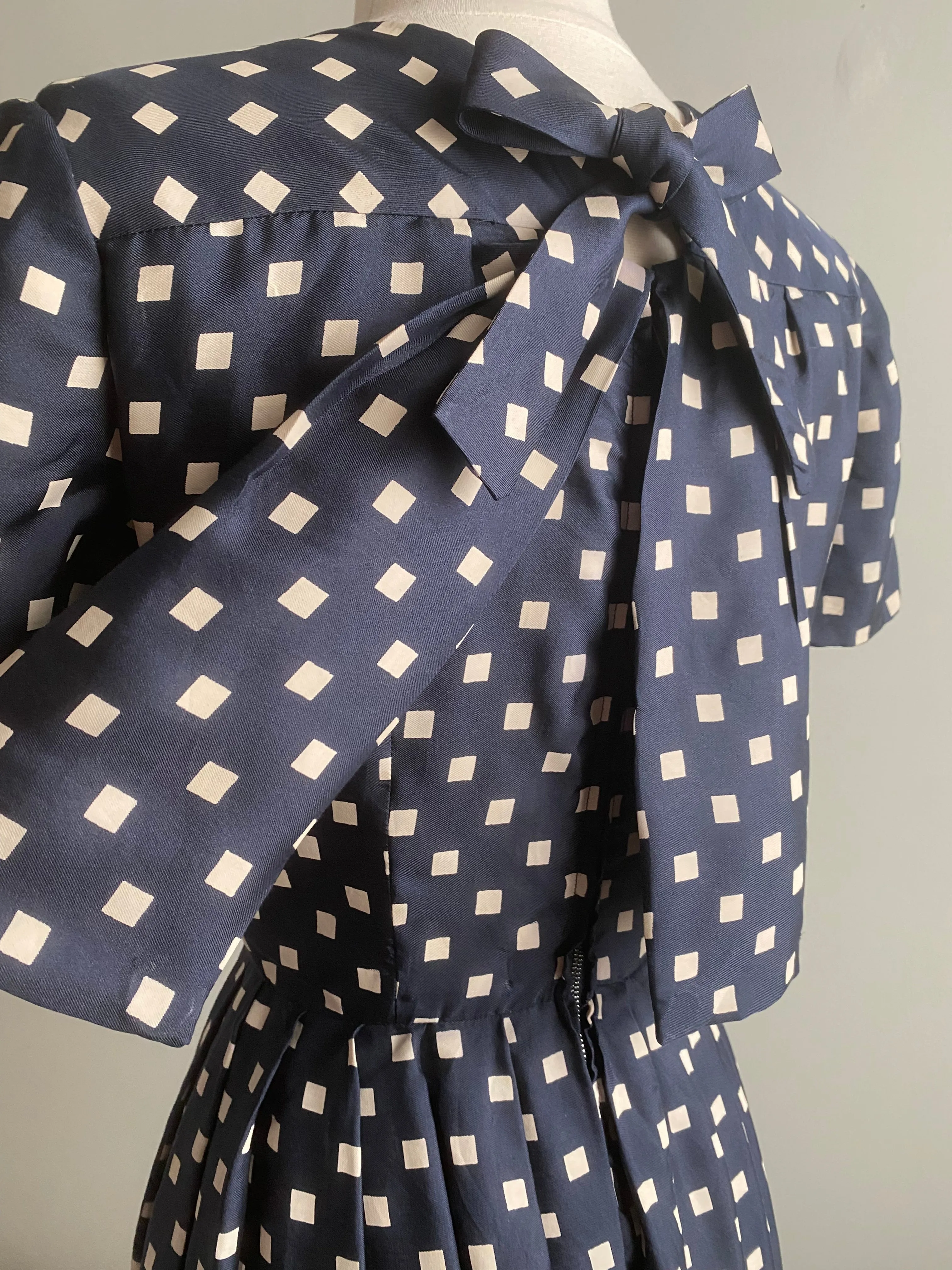 Classic 1950's Navy Polka Dot Silk Dress With Couture Details / XS