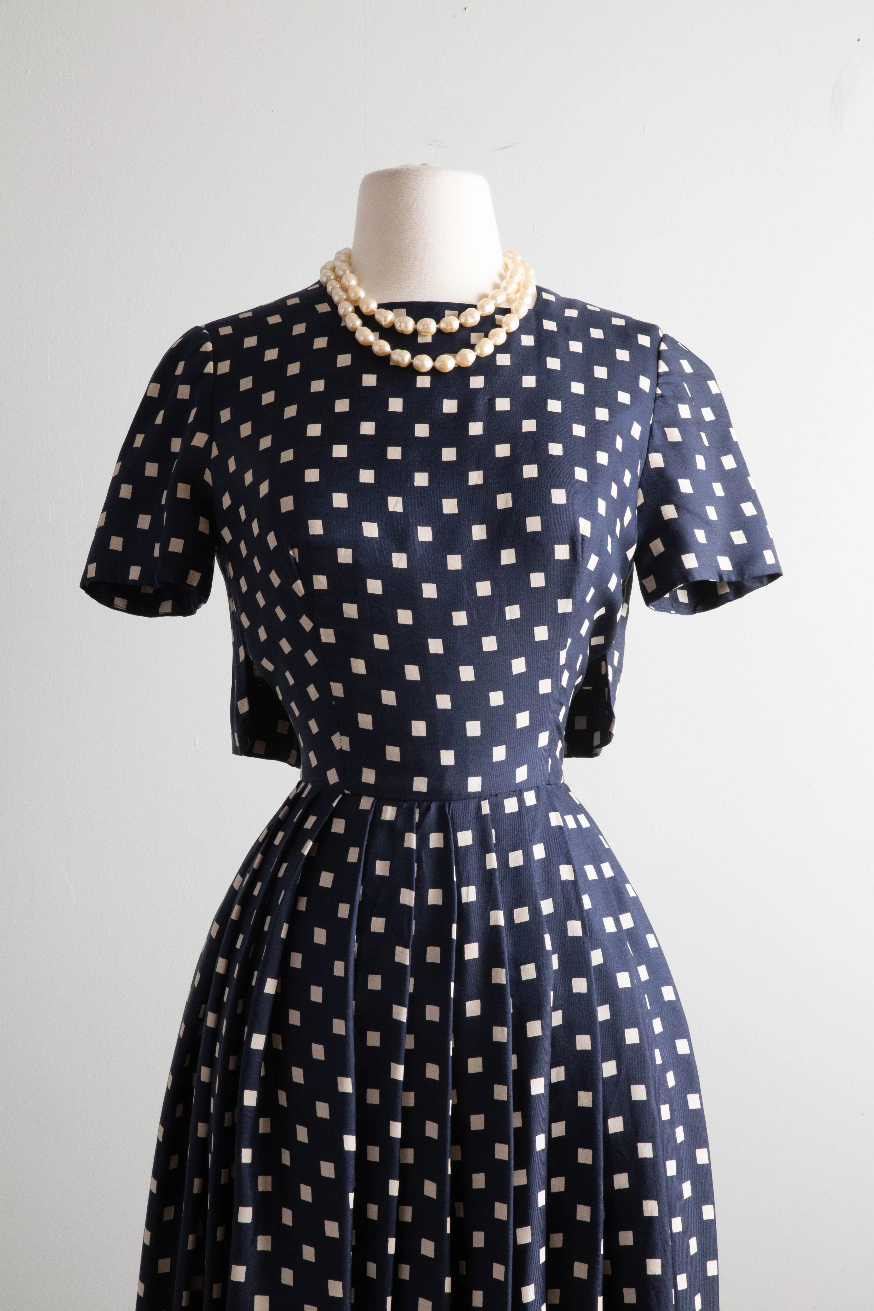 Classic 1950's Navy Polka Dot Silk Dress With Couture Details / XS