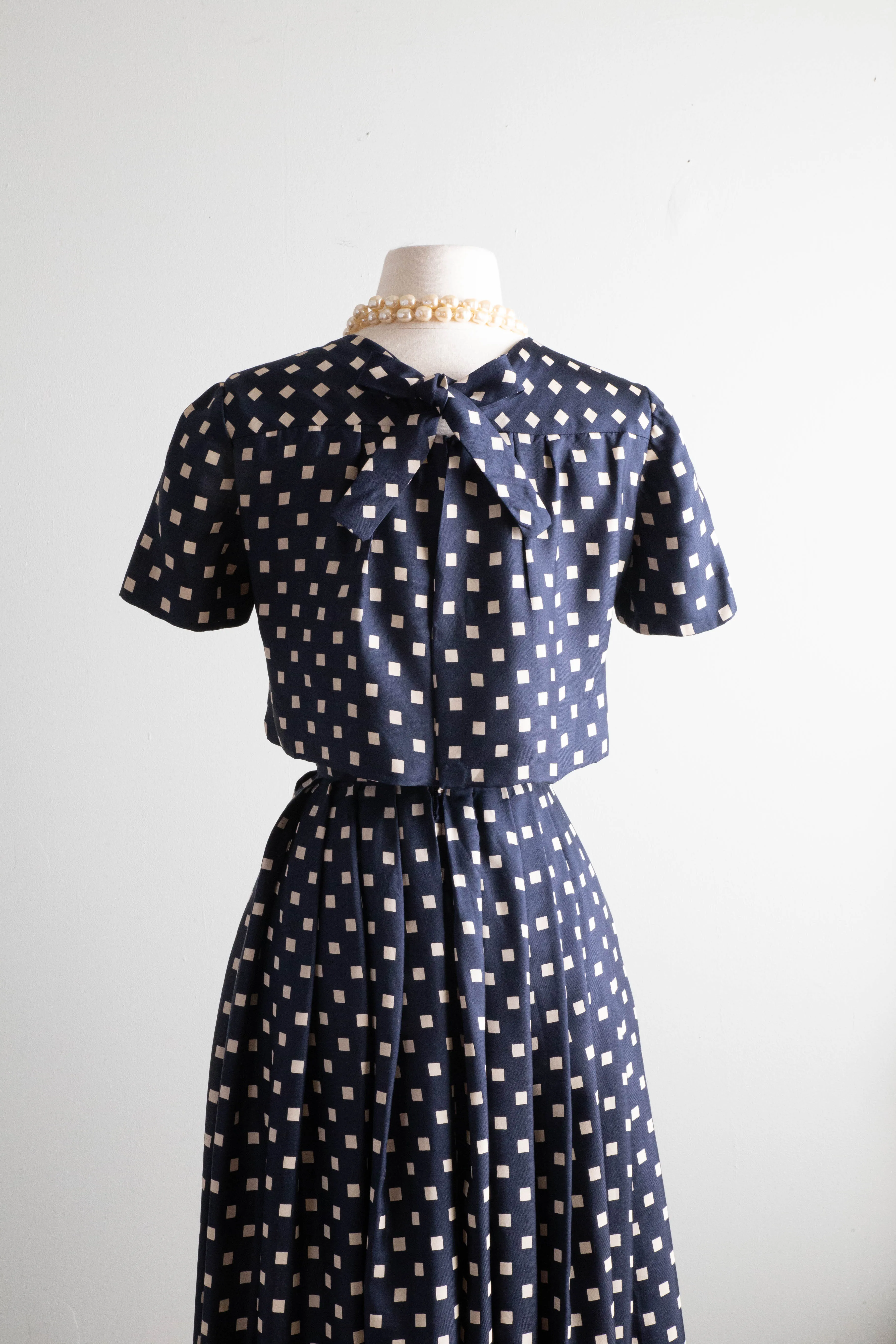 Classic 1950's Navy Polka Dot Silk Dress With Couture Details / XS