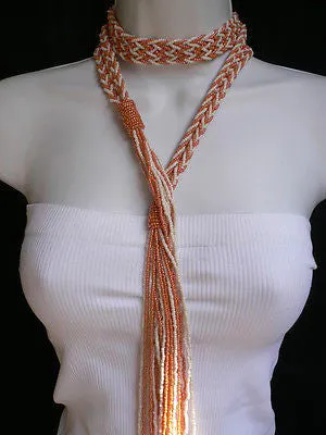 Coral White Beads Braided Desing Tie Multi Chains Long Necklace