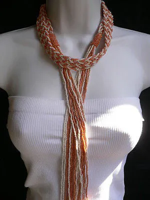 Coral White Beads Braided Desing Tie Multi Chains Long Necklace