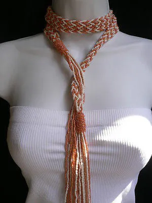 Coral White Beads Braided Desing Tie Multi Chains Long Necklace