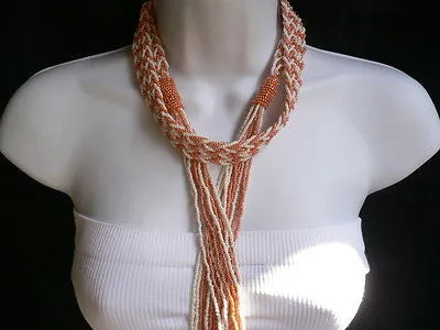 Coral White Beads Braided Desing Tie Multi Chains Long Necklace