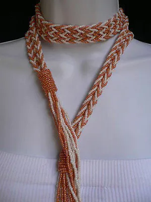 Coral White Beads Braided Desing Tie Multi Chains Long Necklace