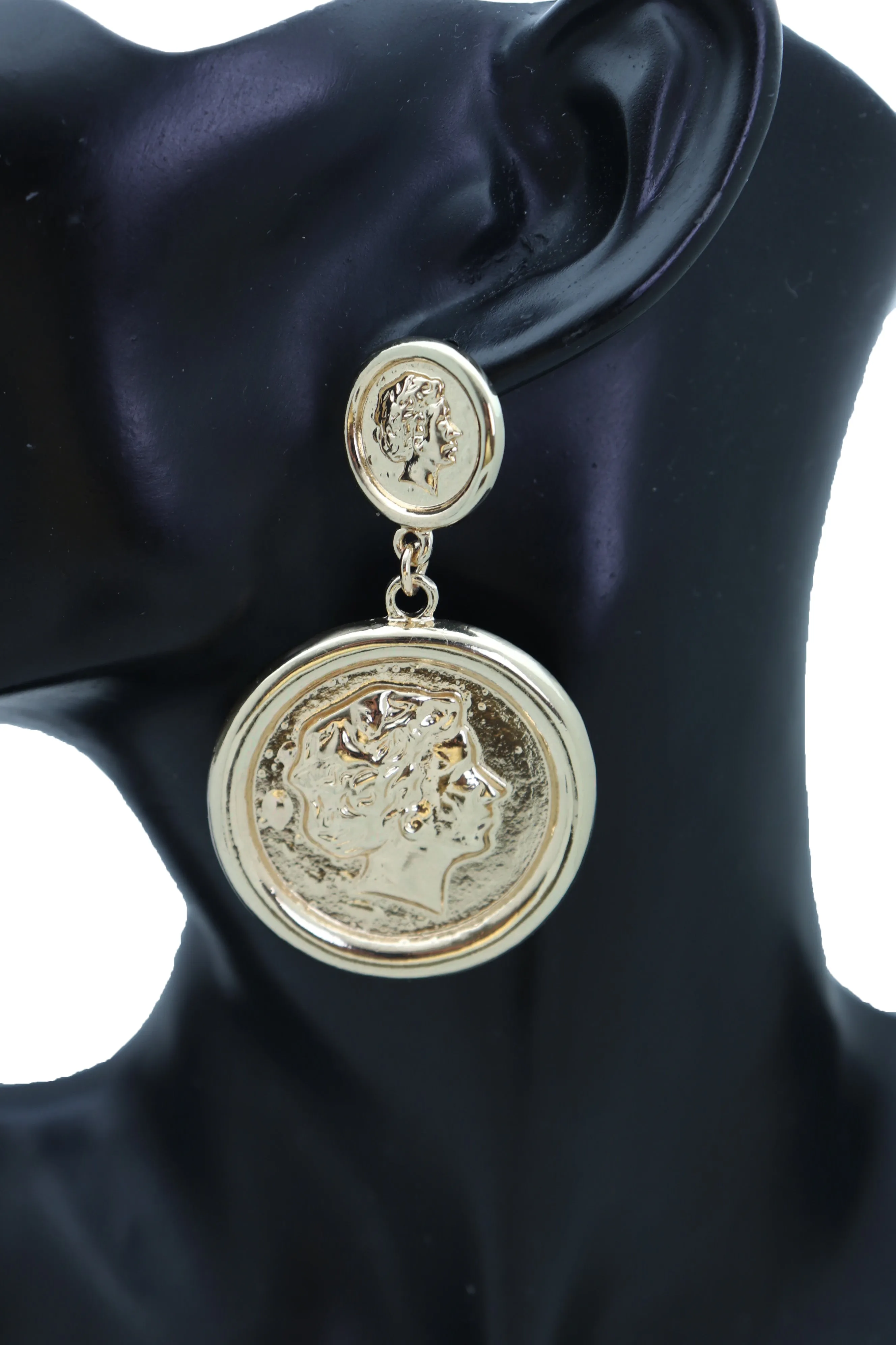 Earrings Set Trendy Gold Metal Big Coin Money Medallion