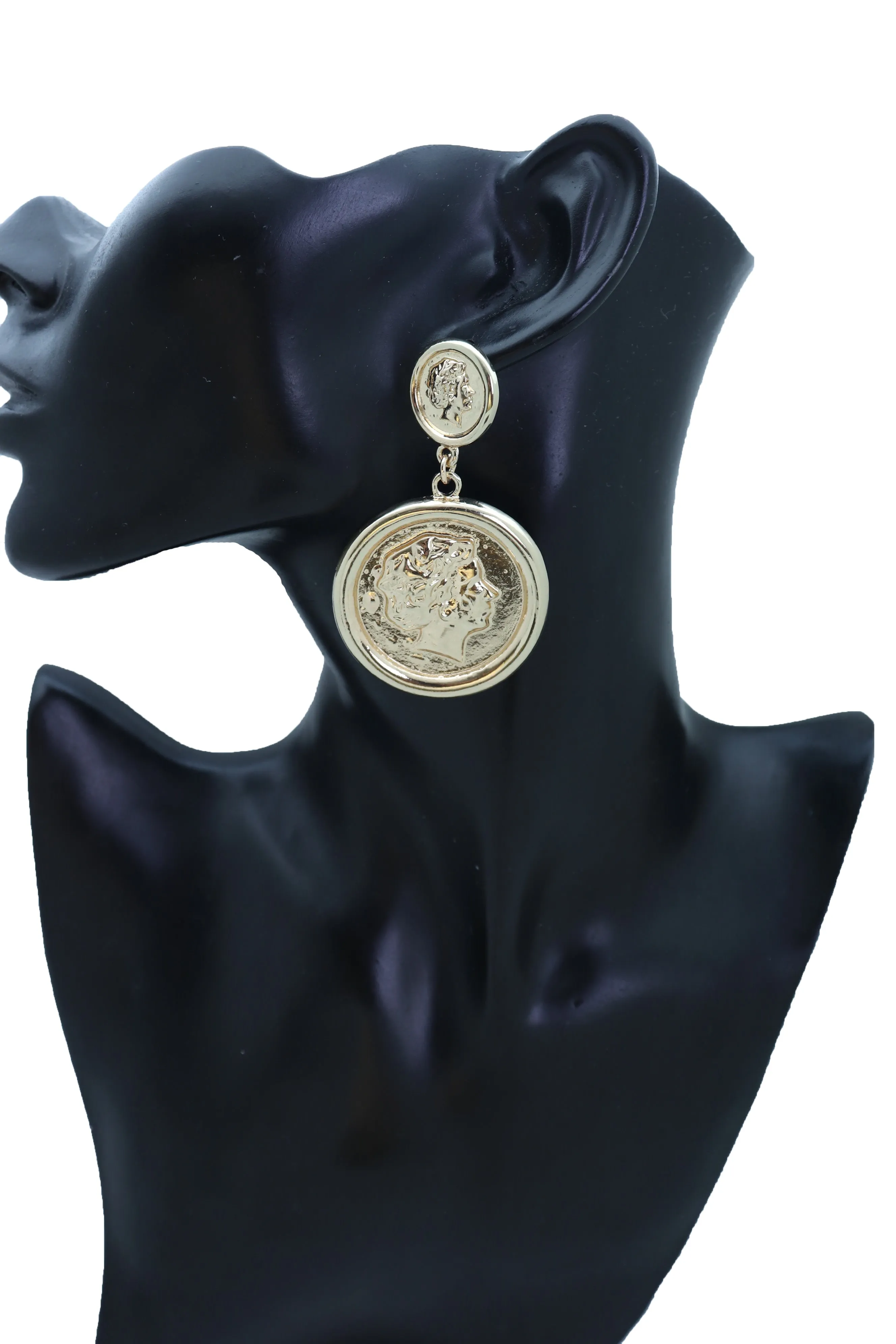 Earrings Set Trendy Gold Metal Big Coin Money Medallion