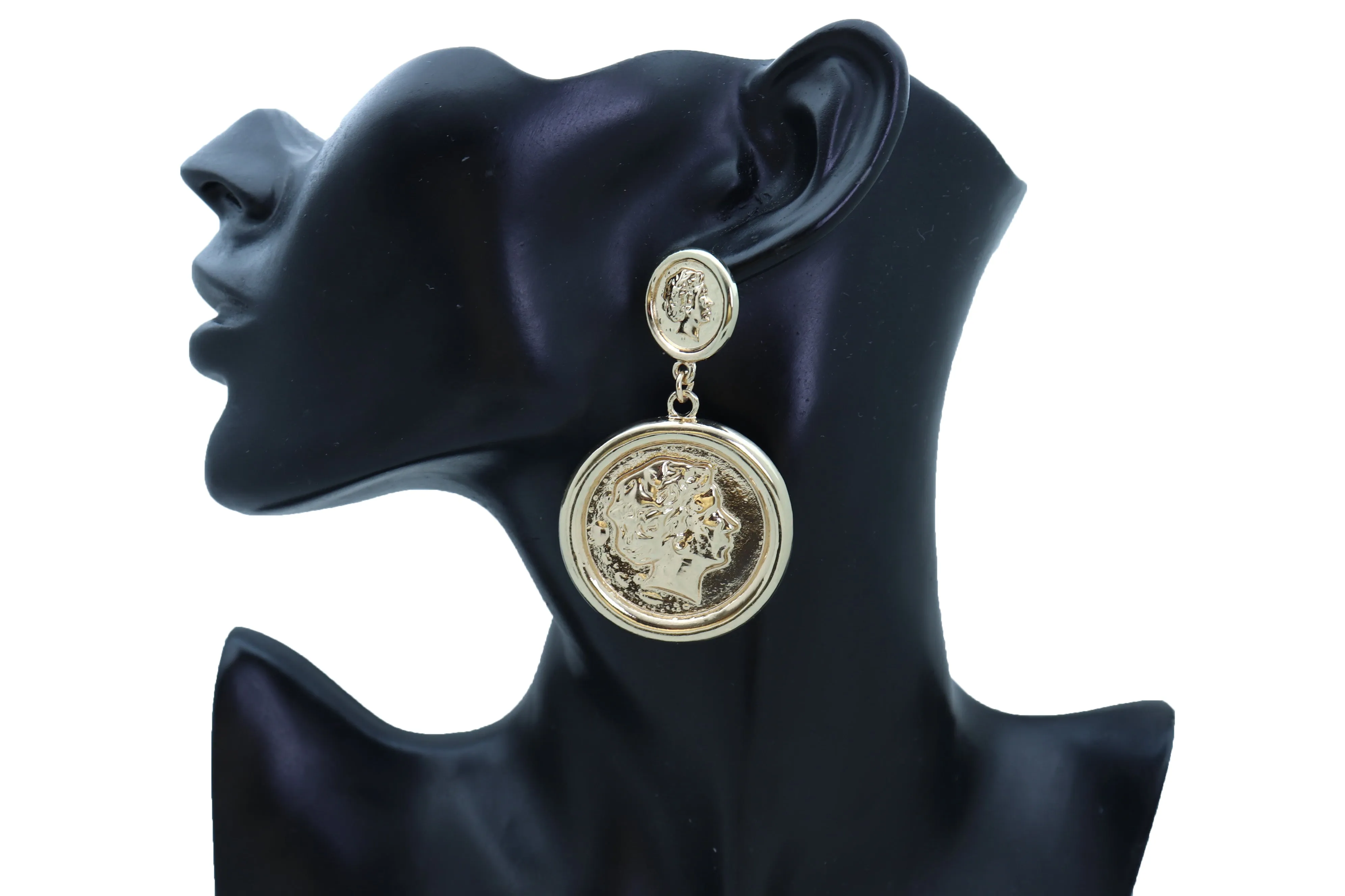 Earrings Set Trendy Gold Metal Big Coin Money Medallion