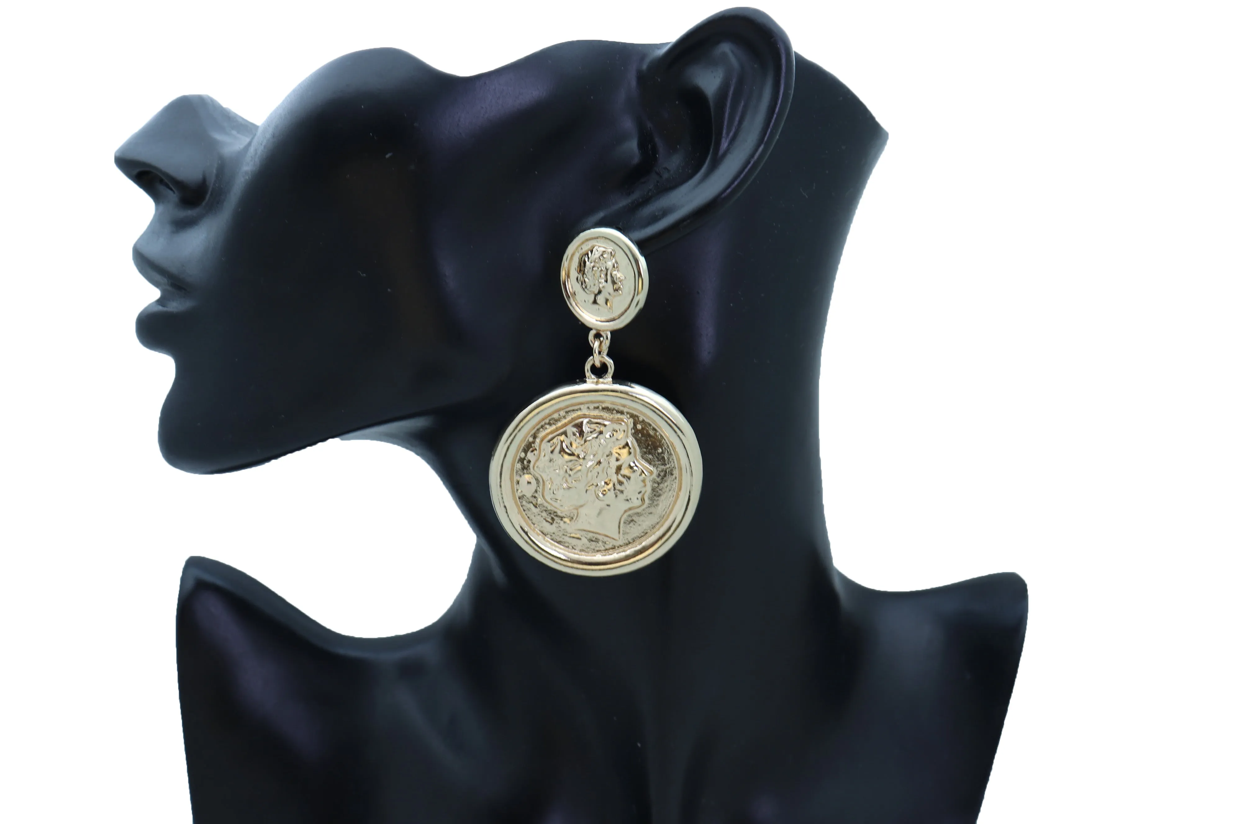 Earrings Set Trendy Gold Metal Big Coin Money Medallion