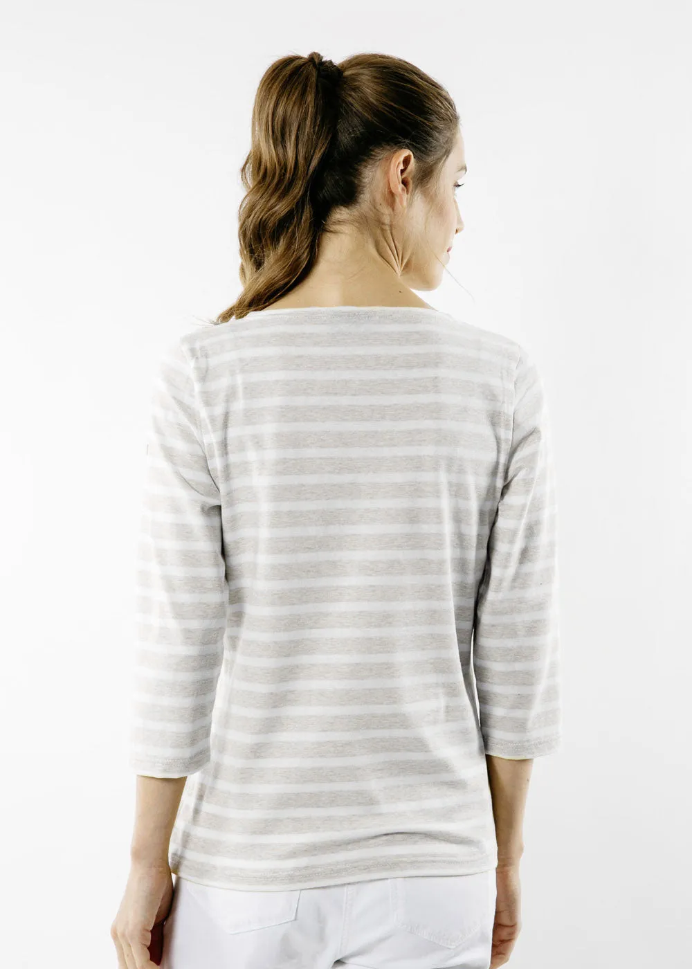 GALATHEE II - Breton Striped Top with ¾ Sleeve | Soft Cotton | Women Fit (OATMEAL / WHITE)