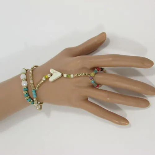 Gold Hand Chain Bracelet Elastic Connected Finger Turquoise Blue Or White Arrow Colors Beads Wedding