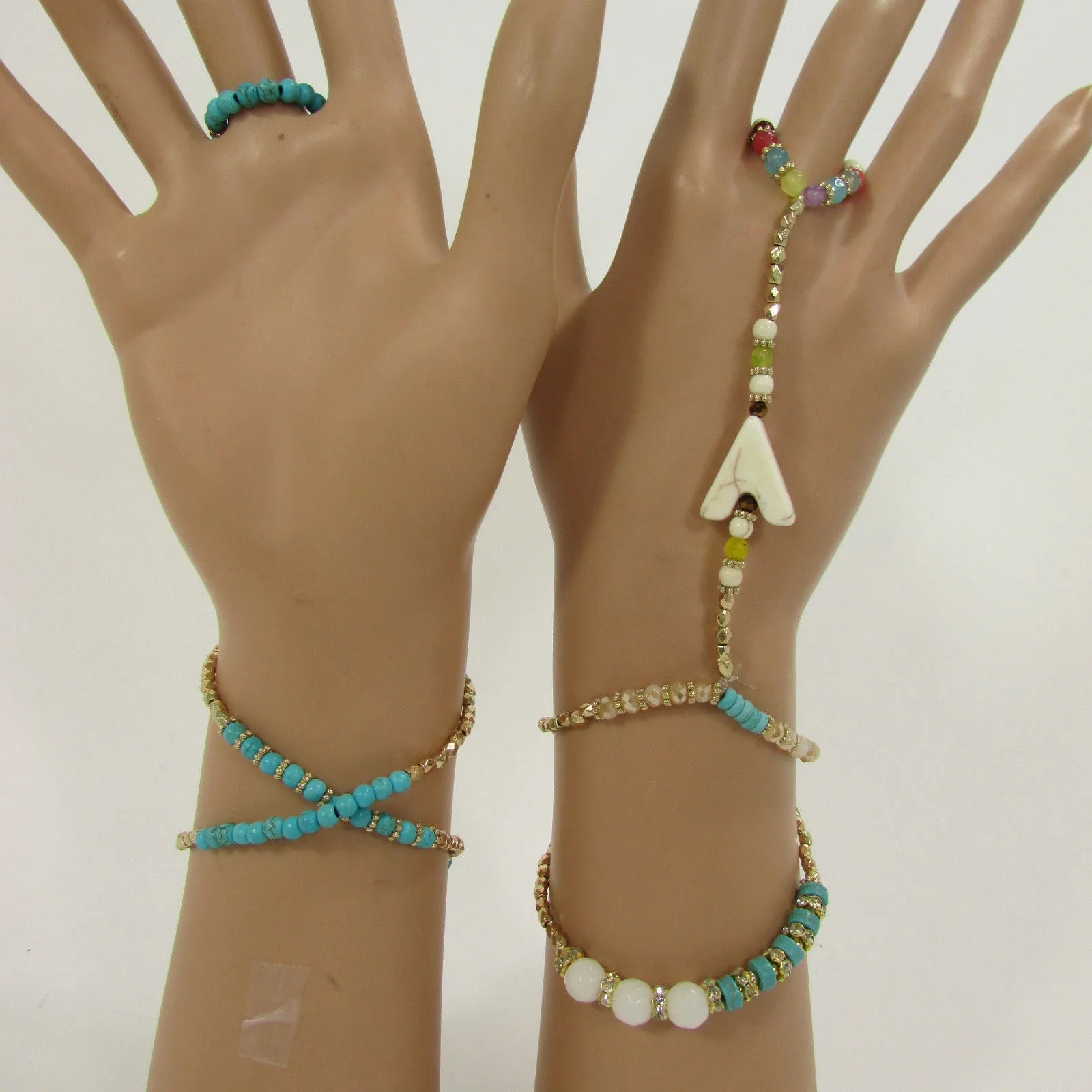 Gold Hand Chain Bracelet Elastic Connected Finger Turquoise Blue Or White Arrow Colors Beads Wedding