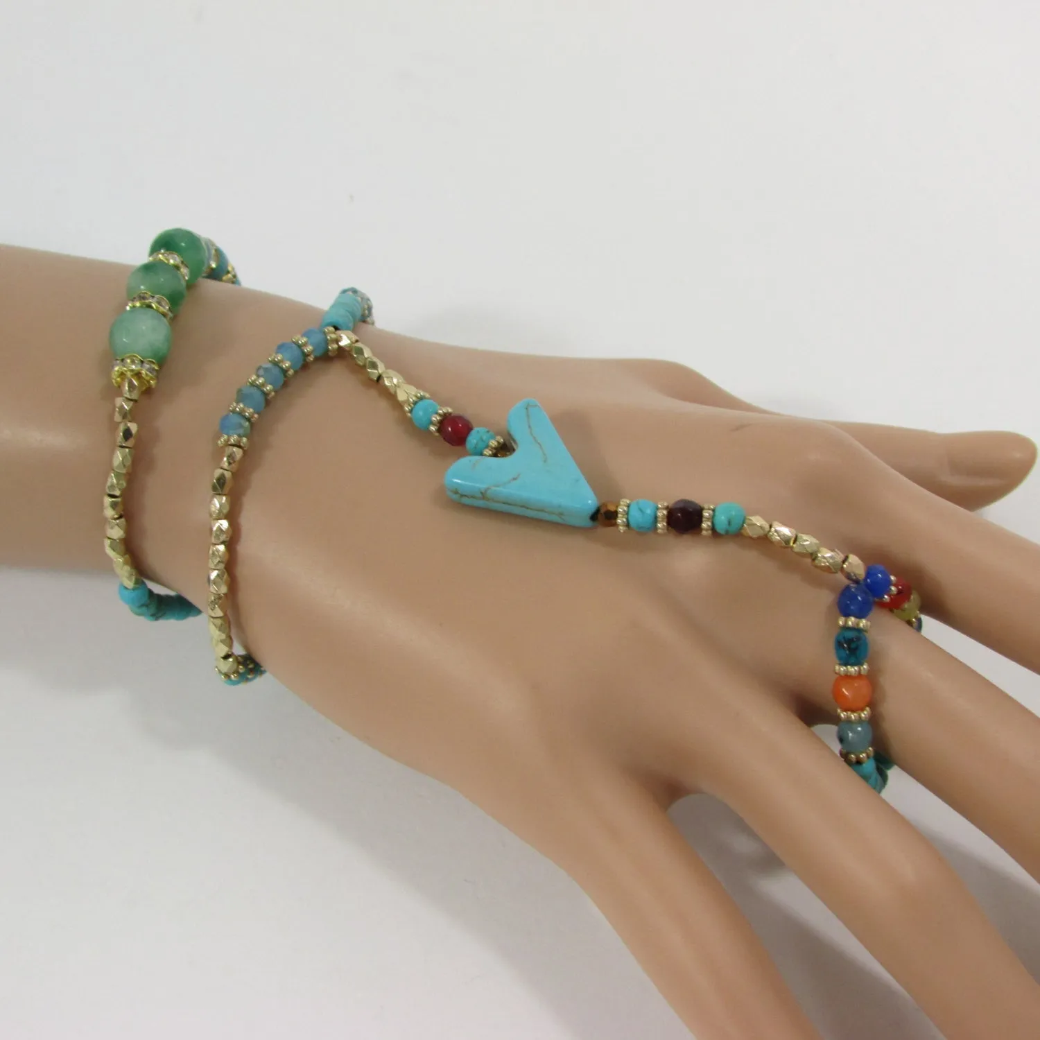 Gold Hand Chain Bracelet Elastic Connected Finger Turquoise Blue Or White Arrow Colors Beads Wedding