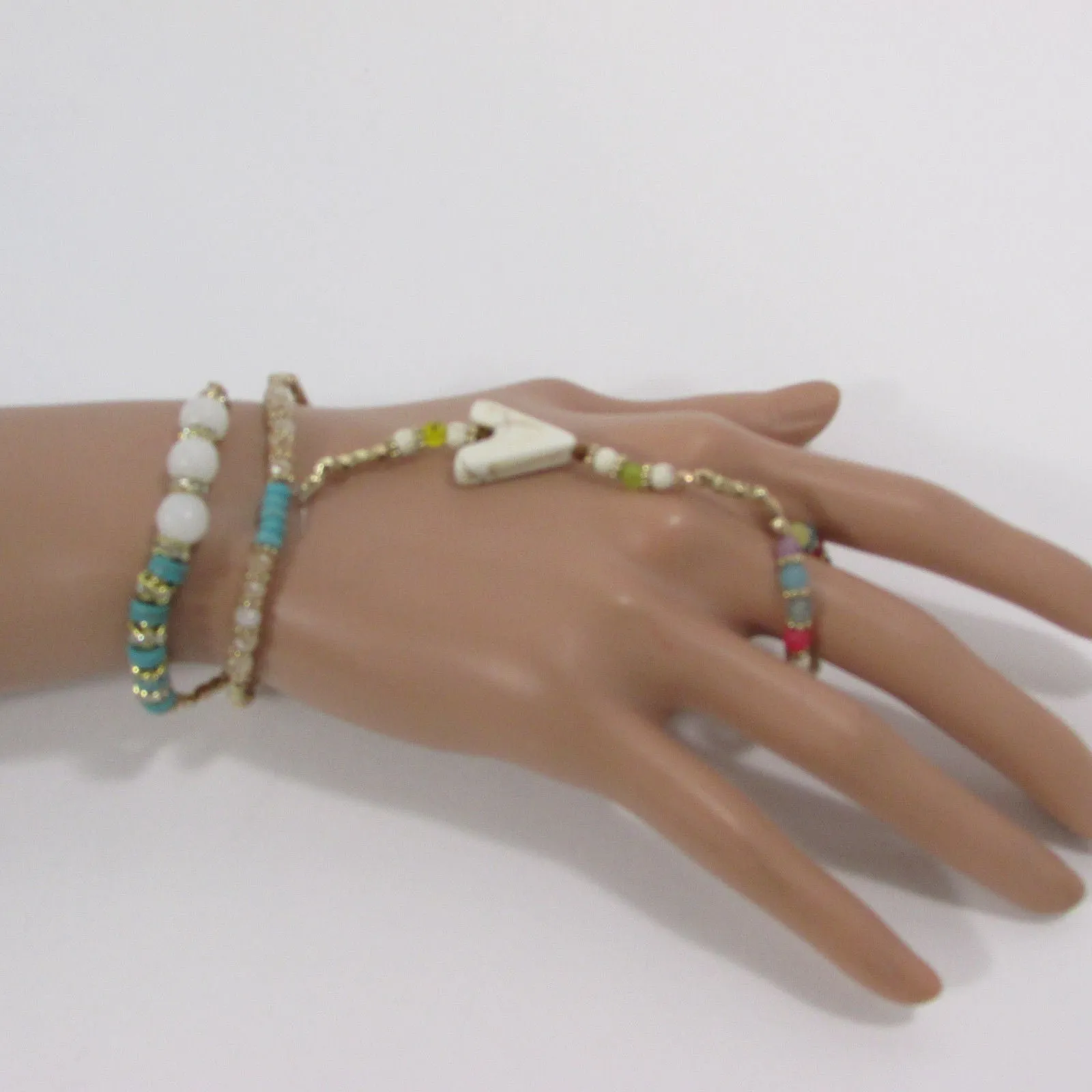 Gold Hand Chain Bracelet Elastic Connected Finger Turquoise Blue Or White Arrow Colors Beads Wedding