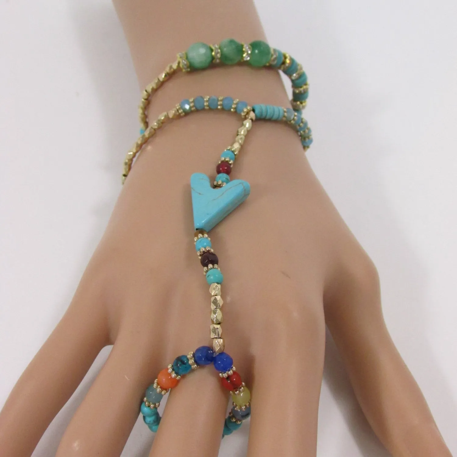 Gold Hand Chain Bracelet Elastic Connected Finger Turquoise Blue Or White Arrow Colors Beads Wedding