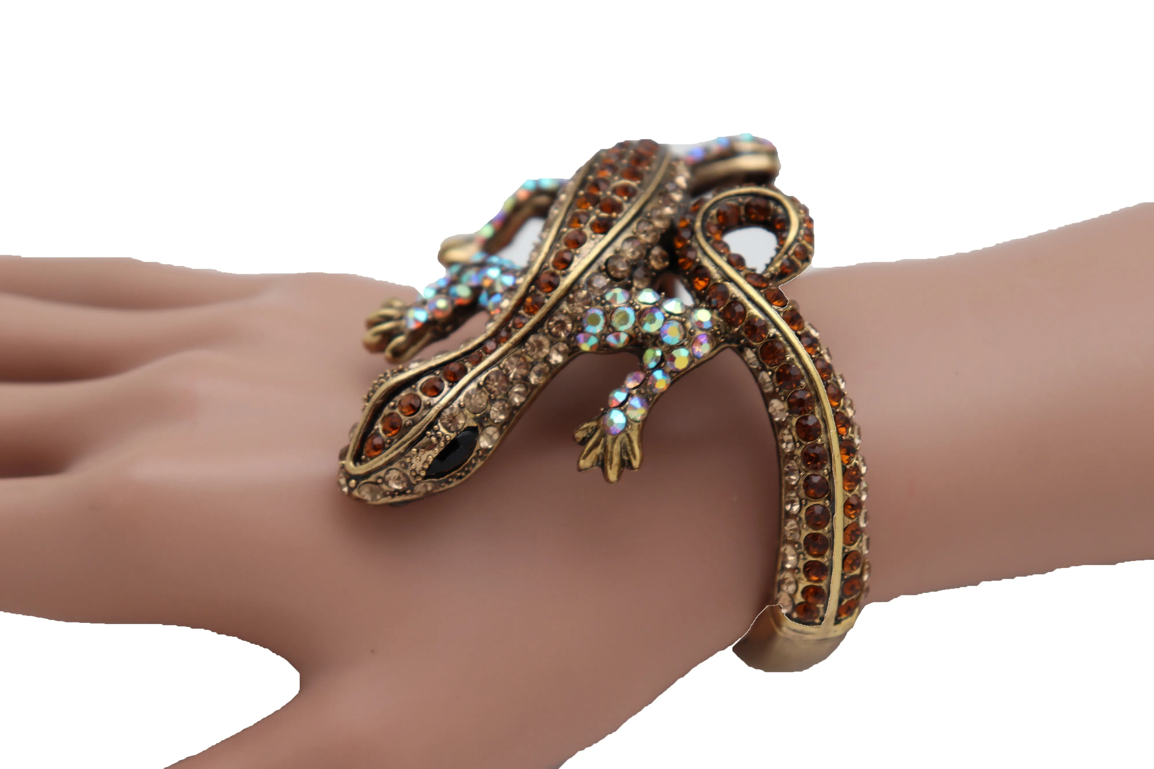 Gold Metal Bracelet Lizard Gecko Animal Brown Wrap Around