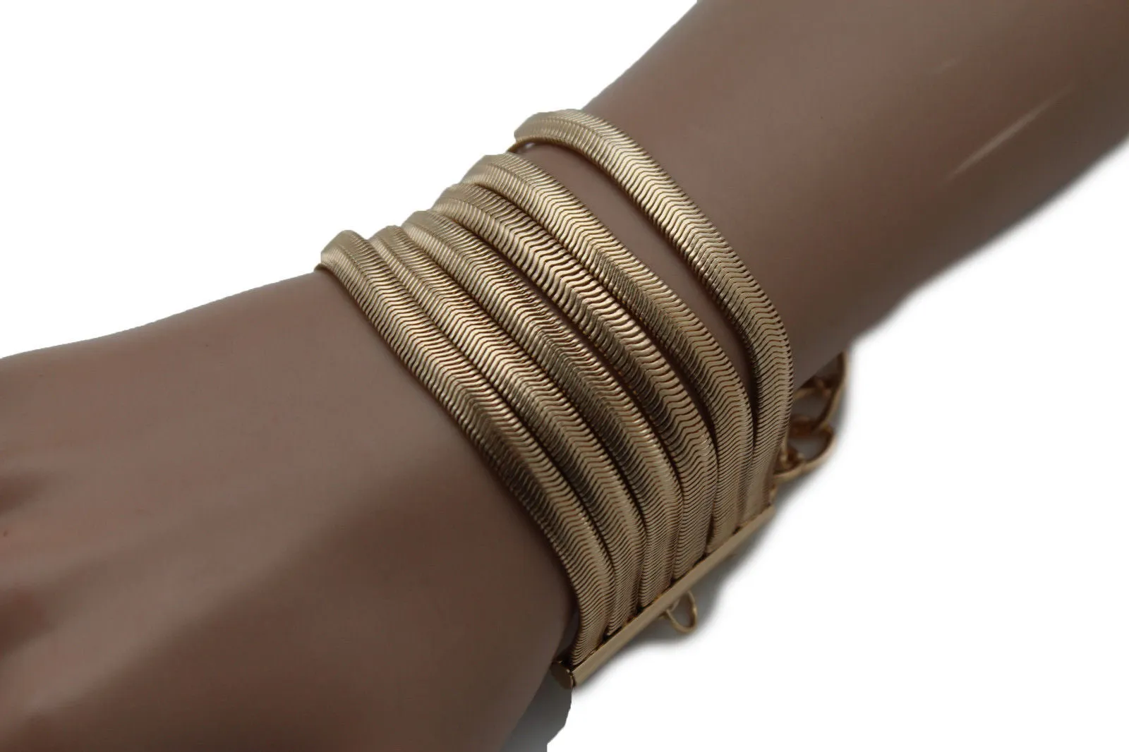 Gold Metal Bracelet Wide Mesh Chain 5 Strand Wrist Jewelry Fun Accessories