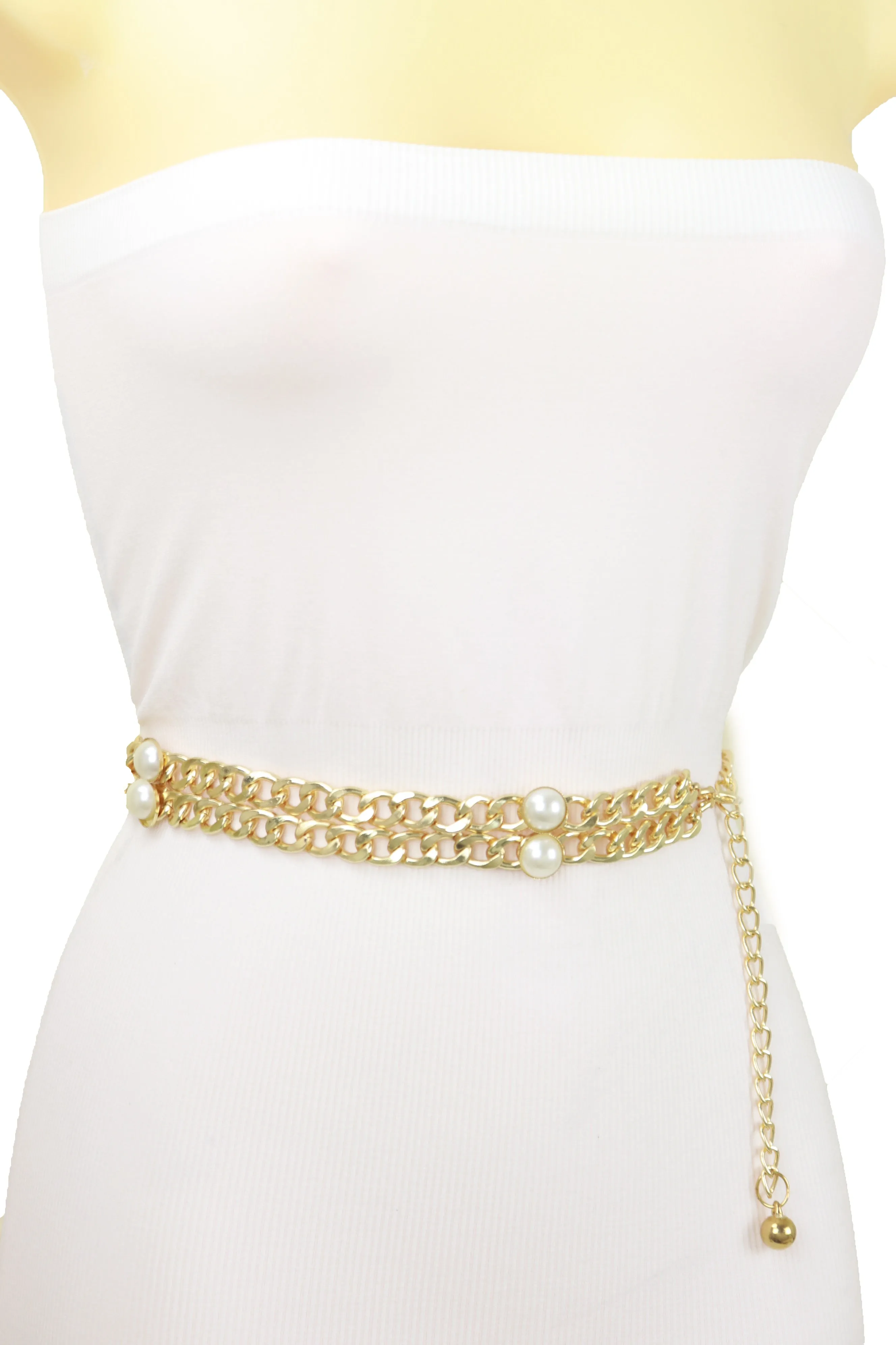 Gold Metal Chain Links Belt Pearl Beads S M