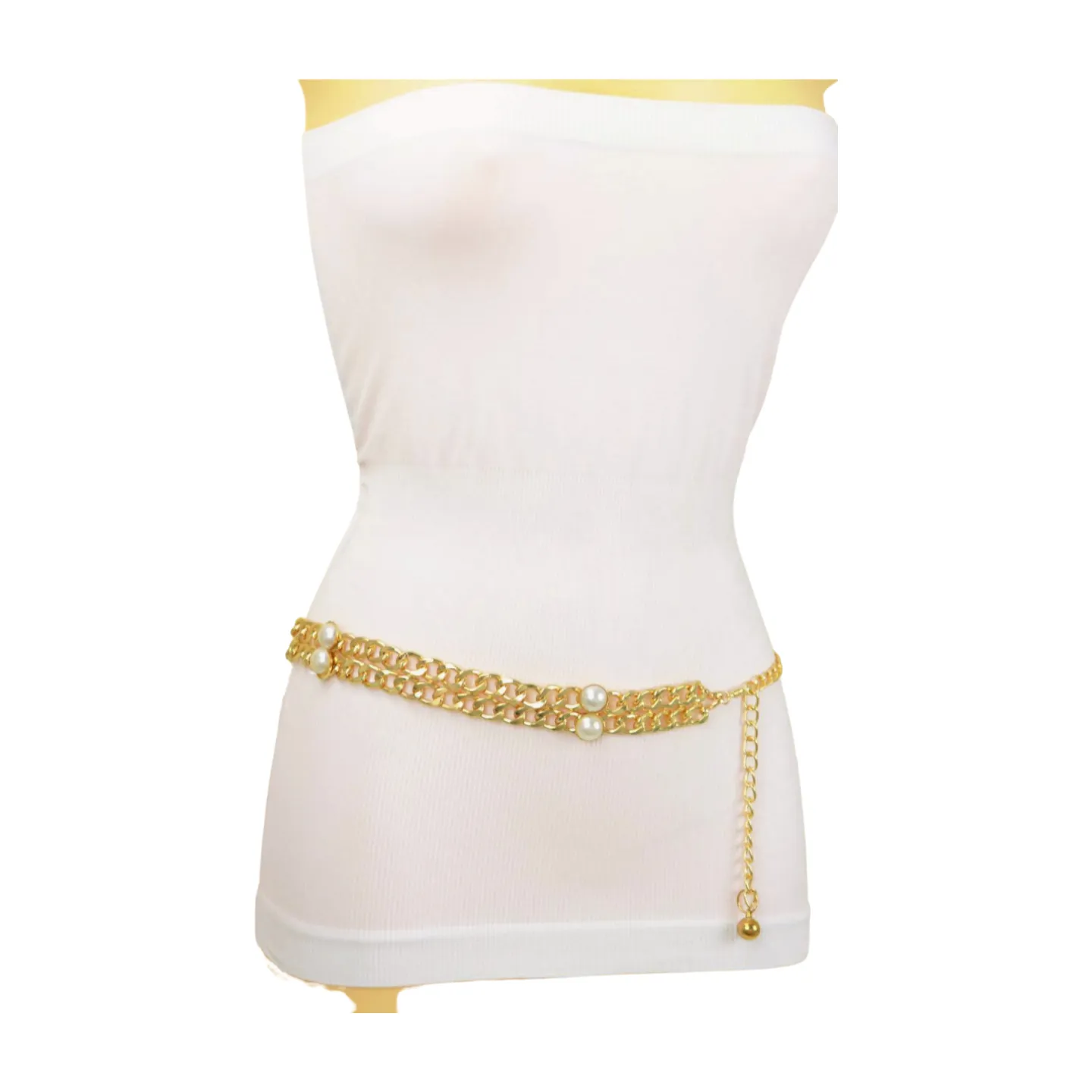 Gold Metal Chain Links Belt Pearl Beads S M