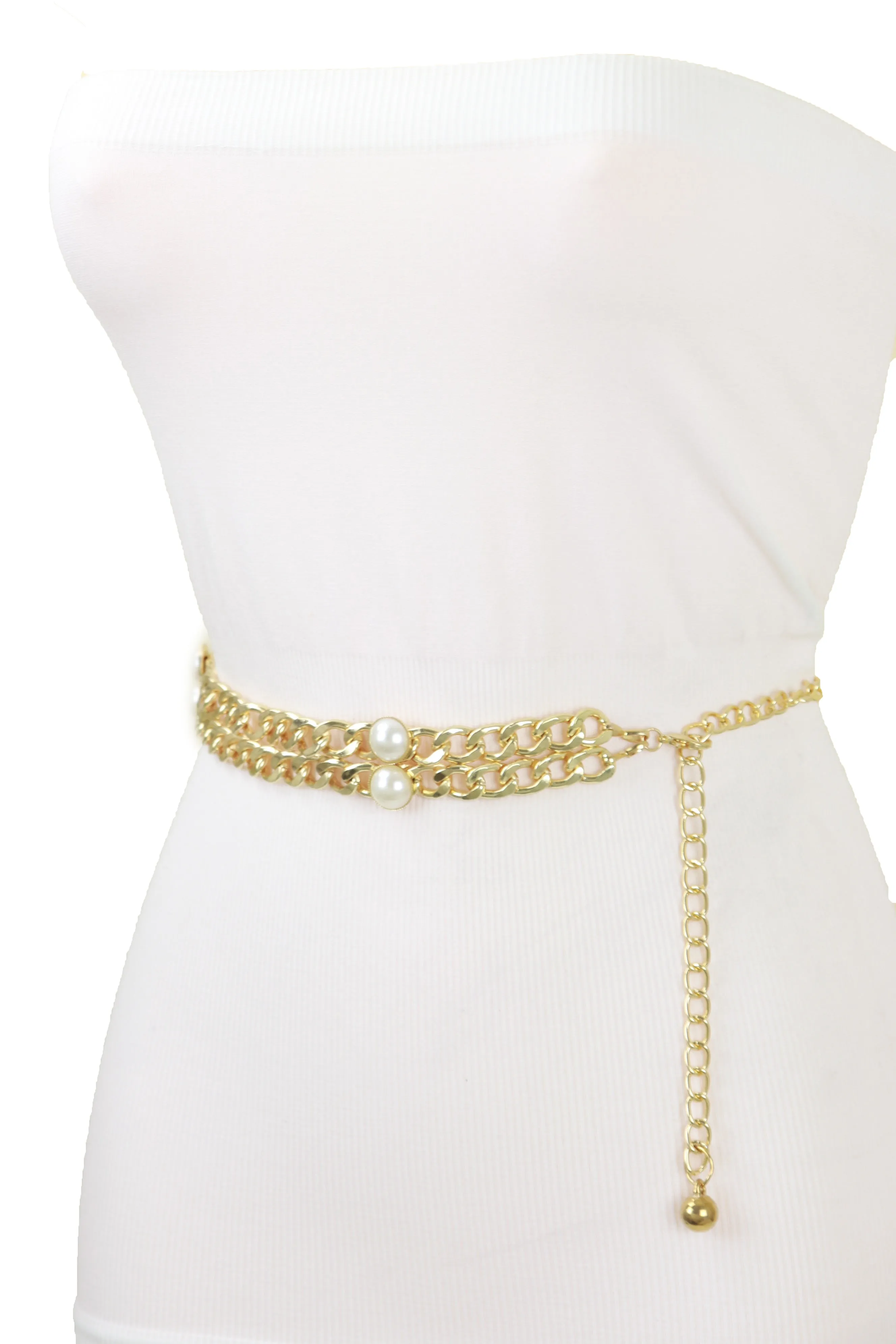 Gold Metal Chain Links Belt Pearl Beads S M