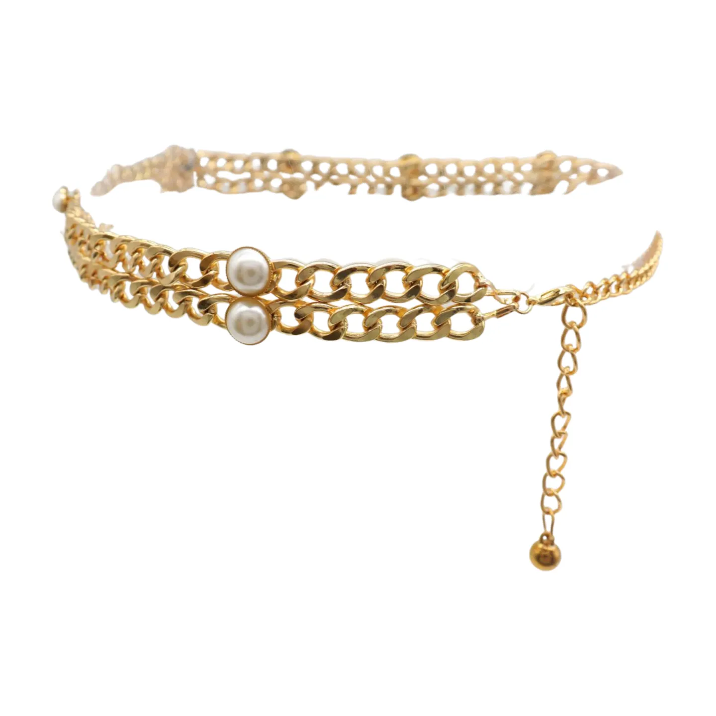 Gold Metal Chain Links Belt Pearl Beads S M