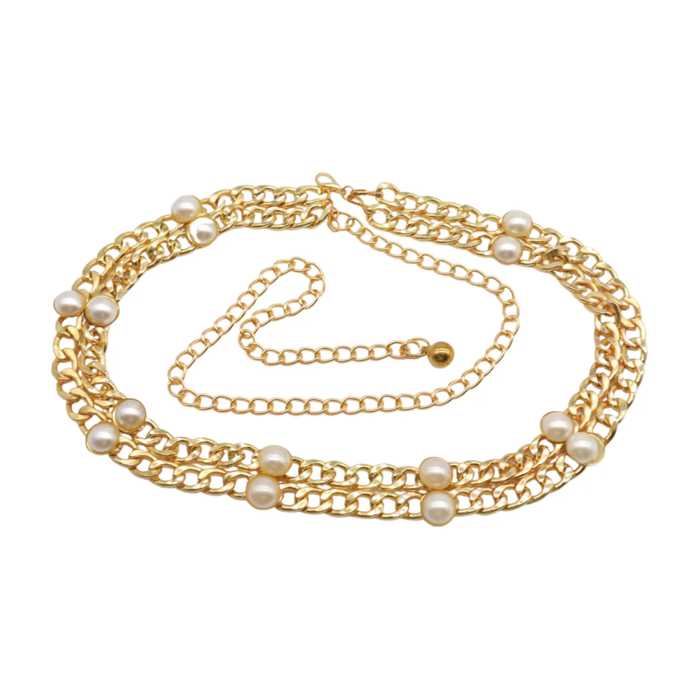 Gold Metal Chain Links Belt Pearl Beads S M