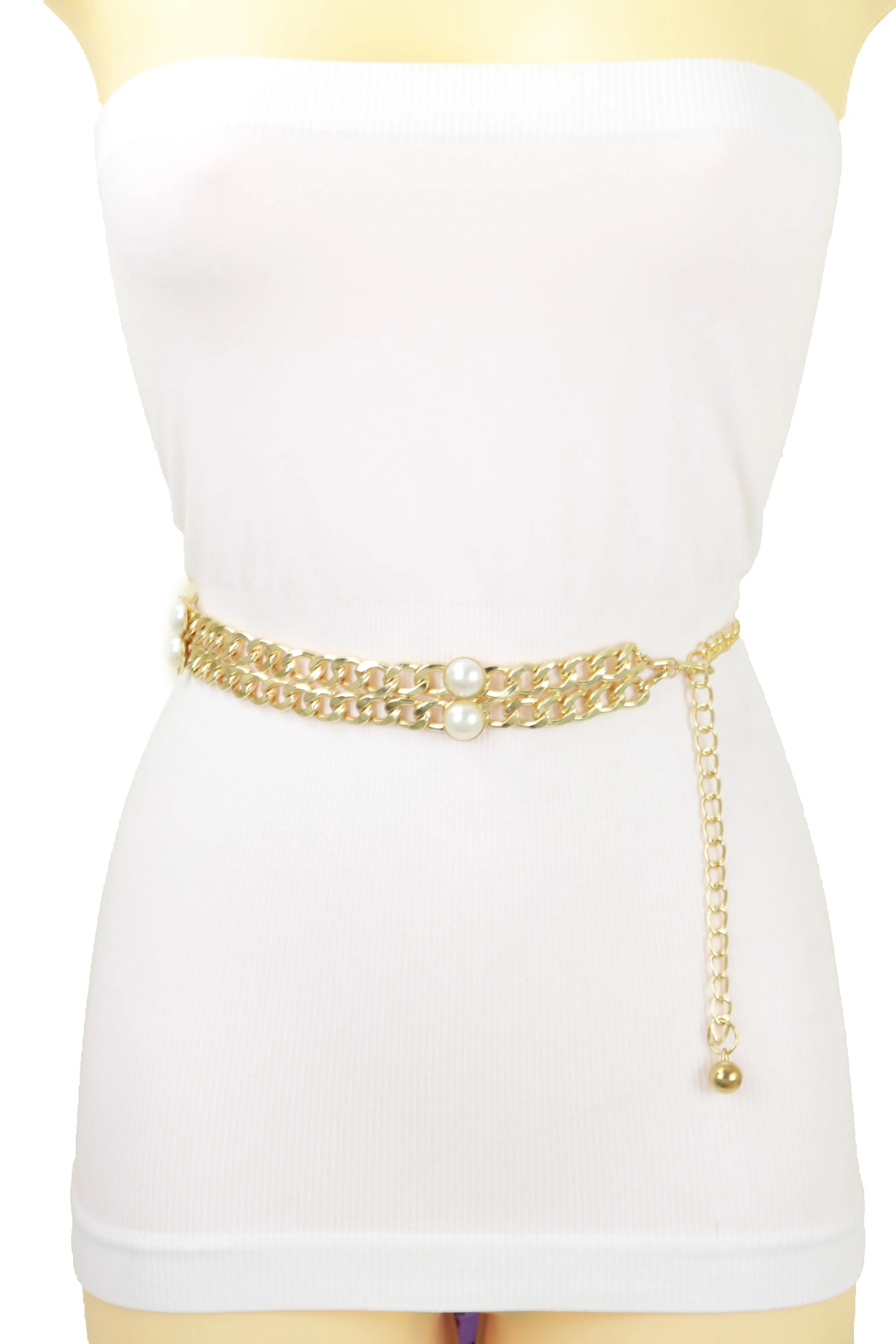 Gold Metal Chain Links Belt Pearl Beads S M