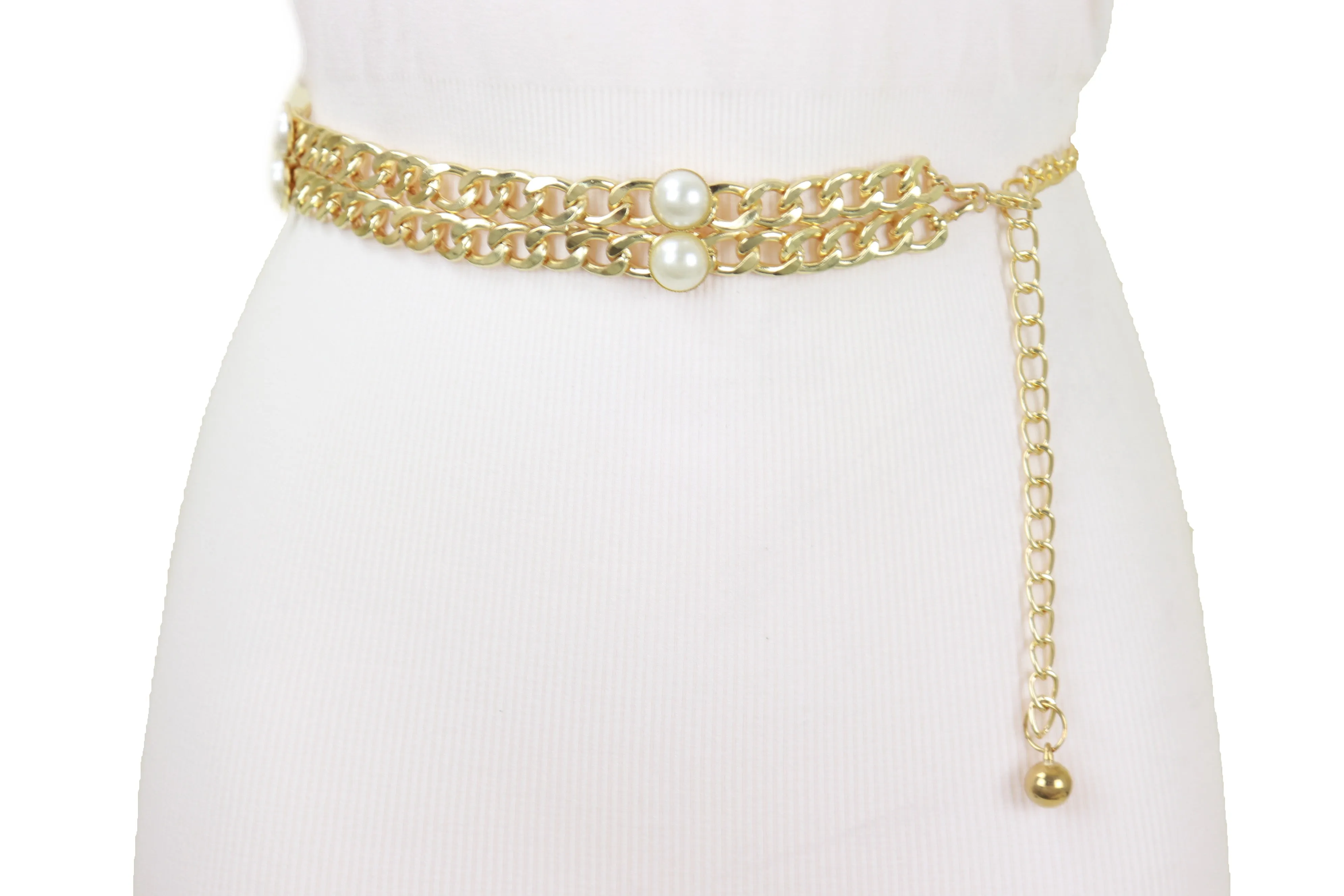 Gold Metal Chain Links Belt Pearl Beads S M