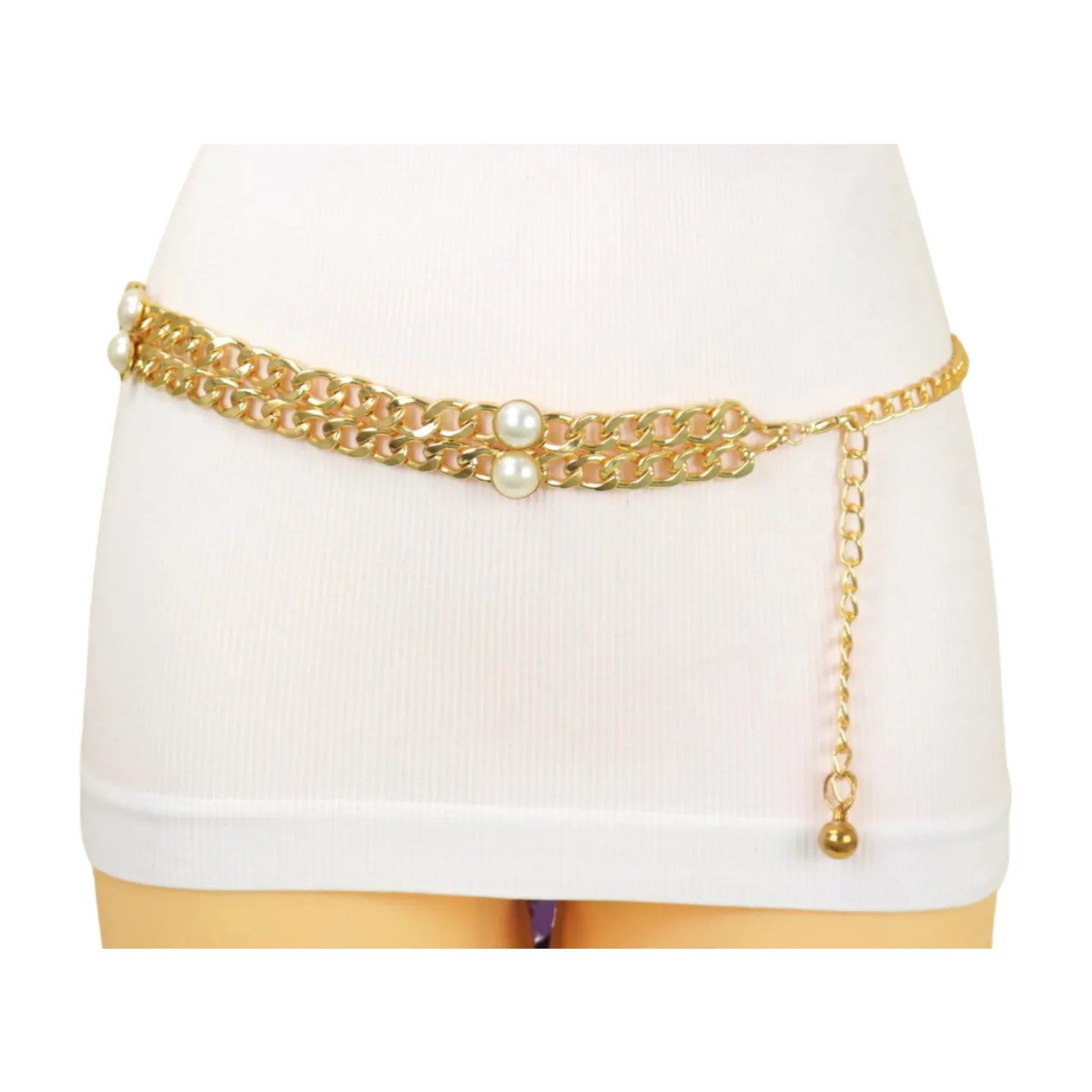 Gold Metal Chain Links Belt Pearl Beads S M