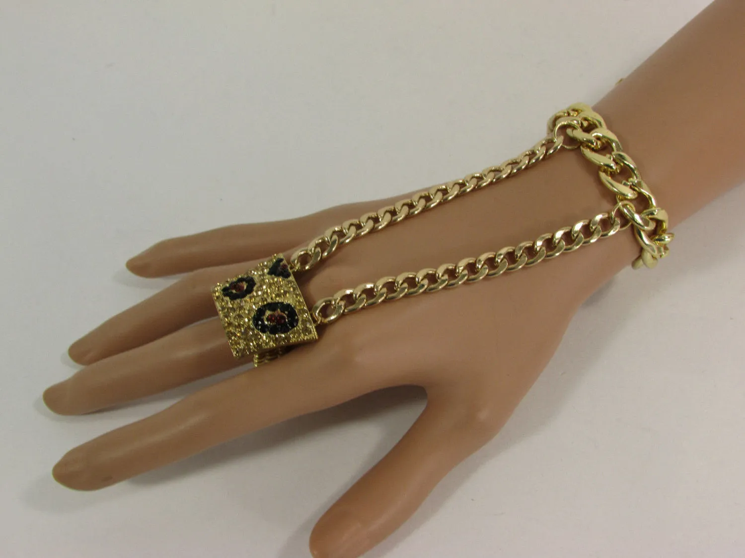 Gold Metal Chains Hand Chain Bracelet Bling Big Leopard Rhinestones